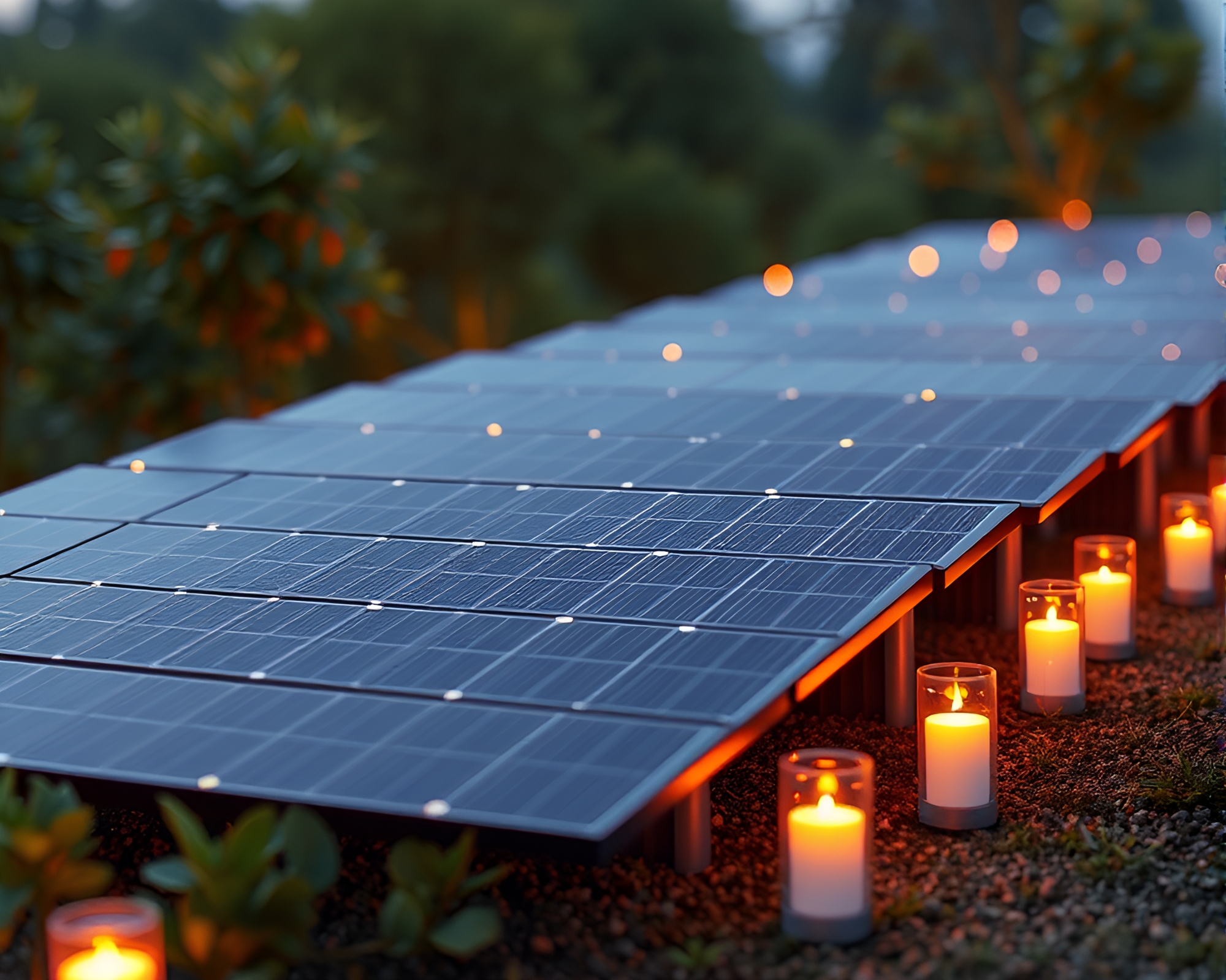 Solar Panel Array Illuminated by Candlelight in Low-Poly Style – free AI stock image