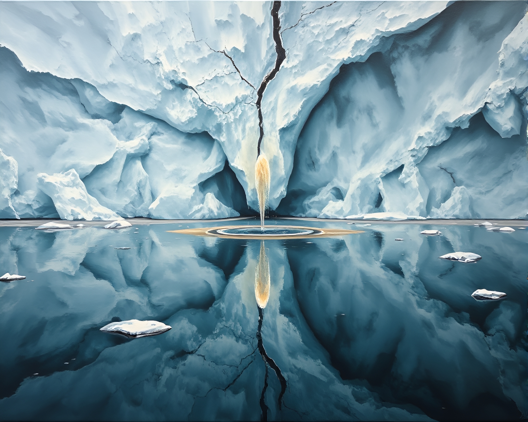 Glacial Chocolate Fountain: Reflections in Ice Crack – free AI stock image