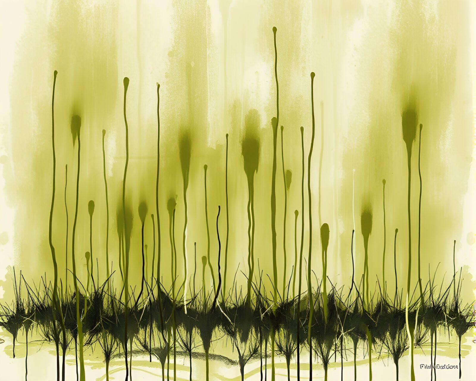 Vibrant graffiti drips on desert geyser field landscape