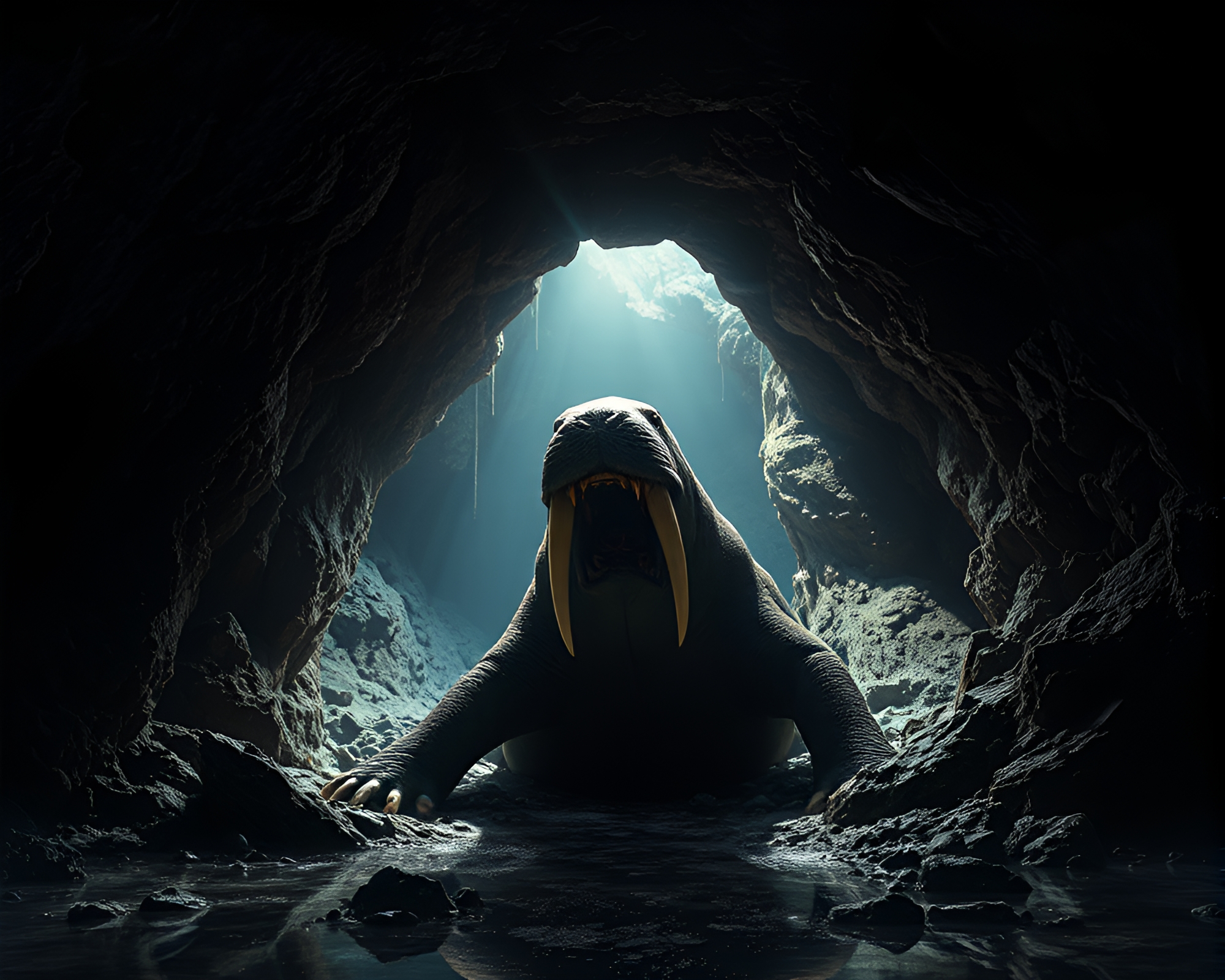 Glowing Walrus at Cave Entrance Mixed Media Art – free AI stock image