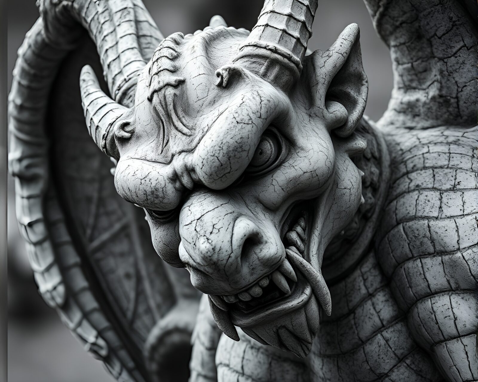 Detailed etched gargoyle statue in eerie acid wash lighting