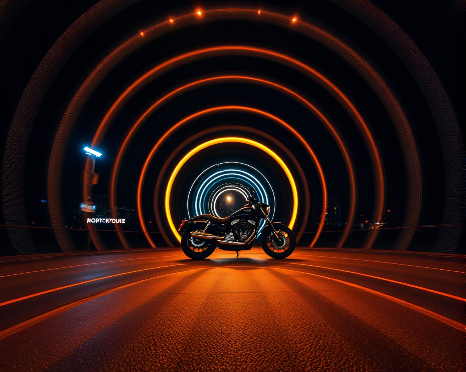 Concentric circles illuminate a motorcycle in an opera house