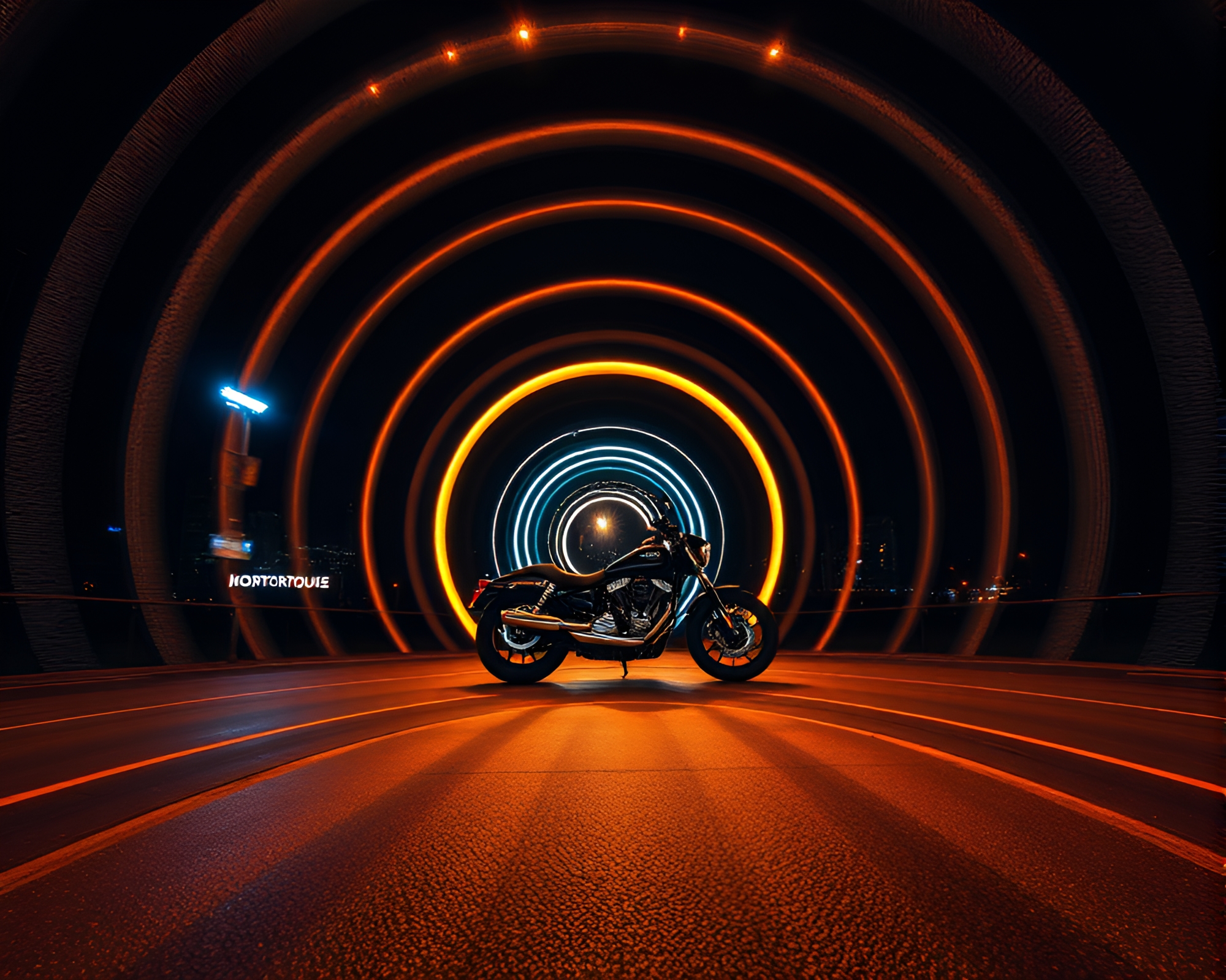 Motorcycle Rides Through Glowing Opera-House Circles – free AI stock image