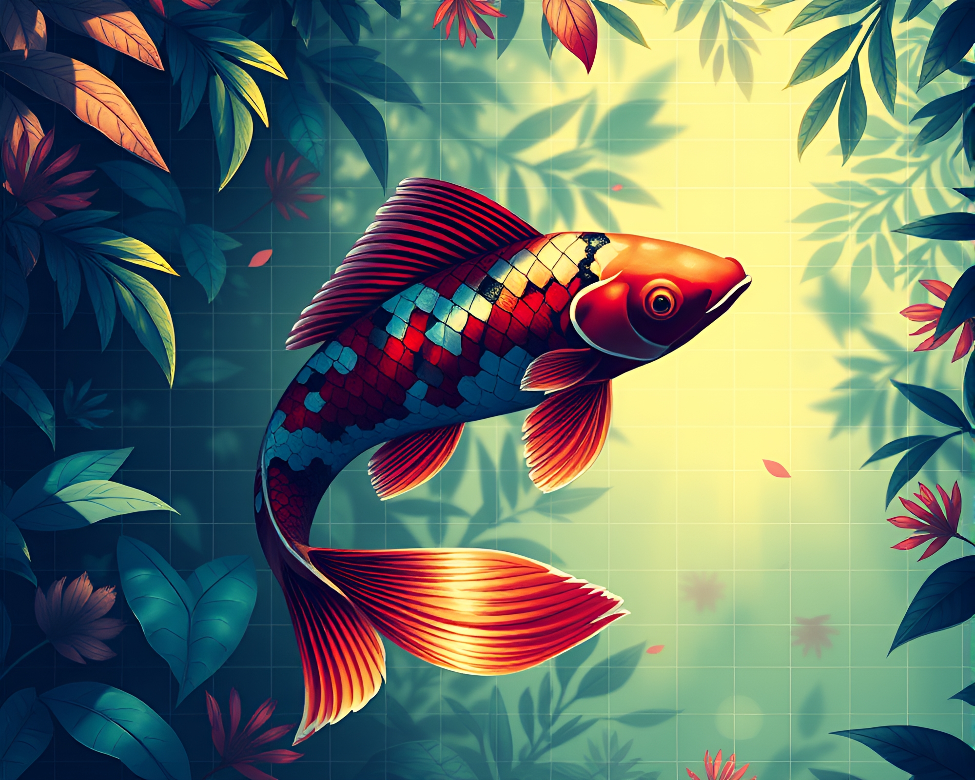 Futuristic Koi Fish in Jungle Canopy Grid Overlay – free AI stock image