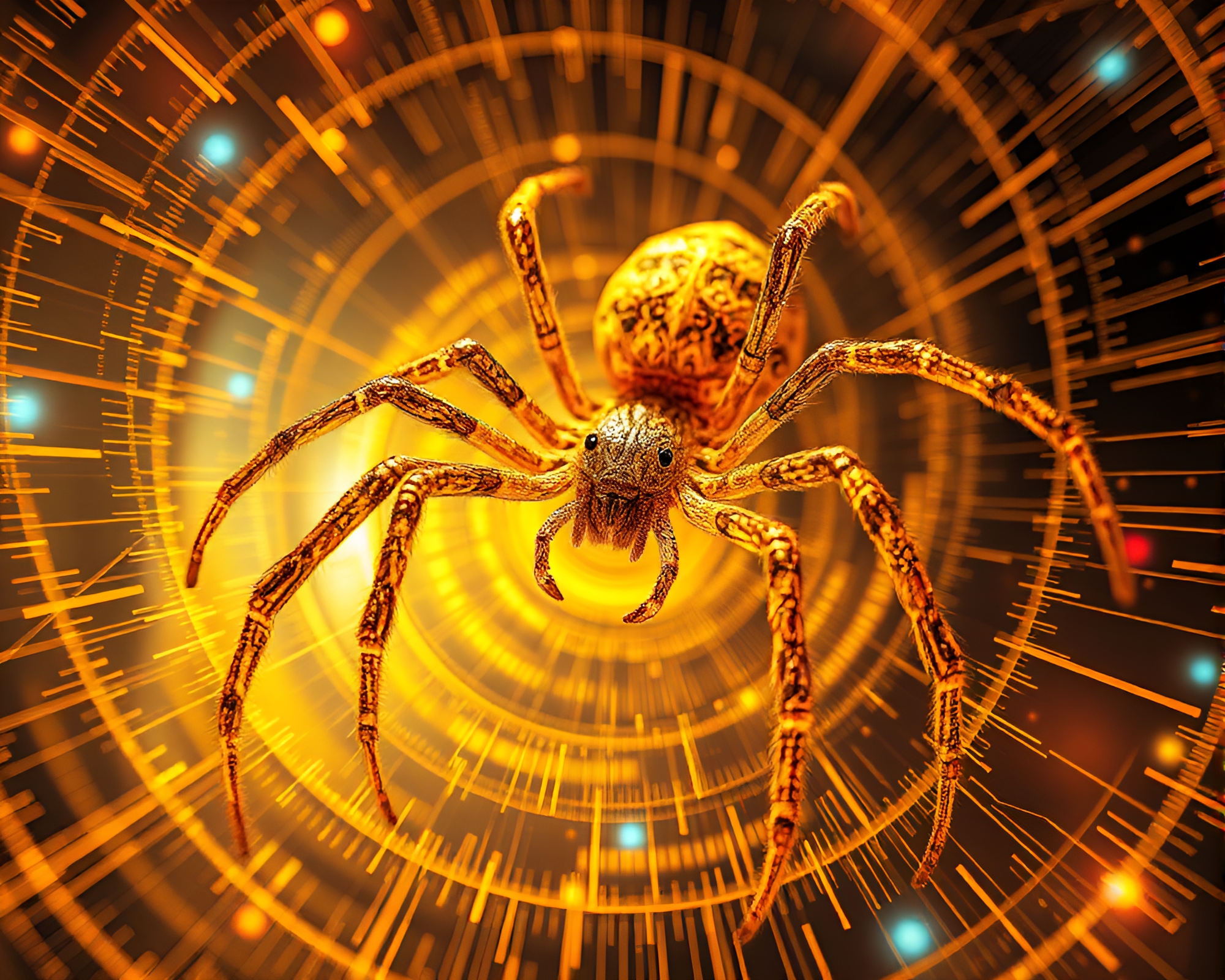 Mechanical Spider in Glitched Golden Spiral Landscape – free AI stock image
