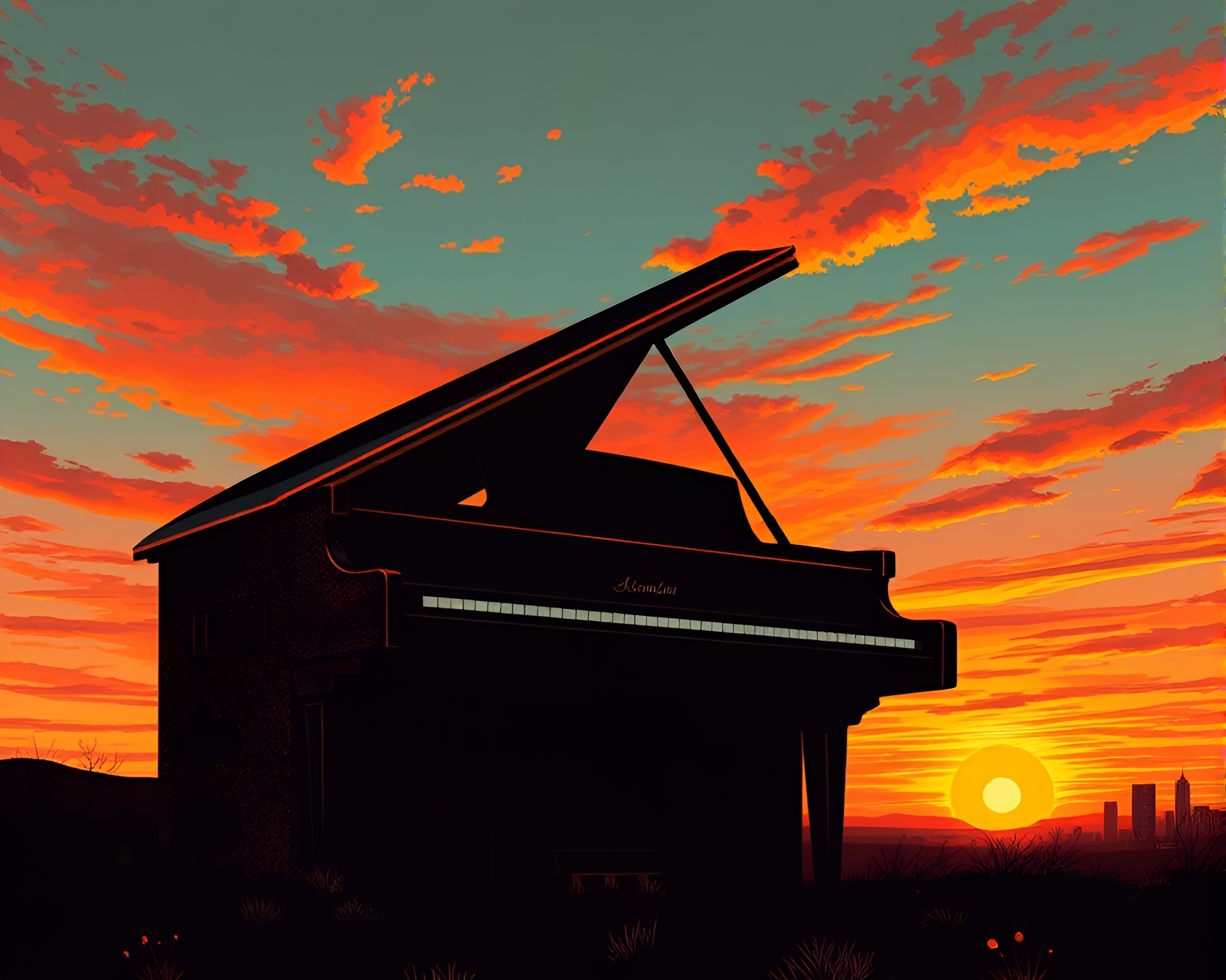 Sunset Sonata in Tri-Tone: Piano Hatching Composition – free AI stock image