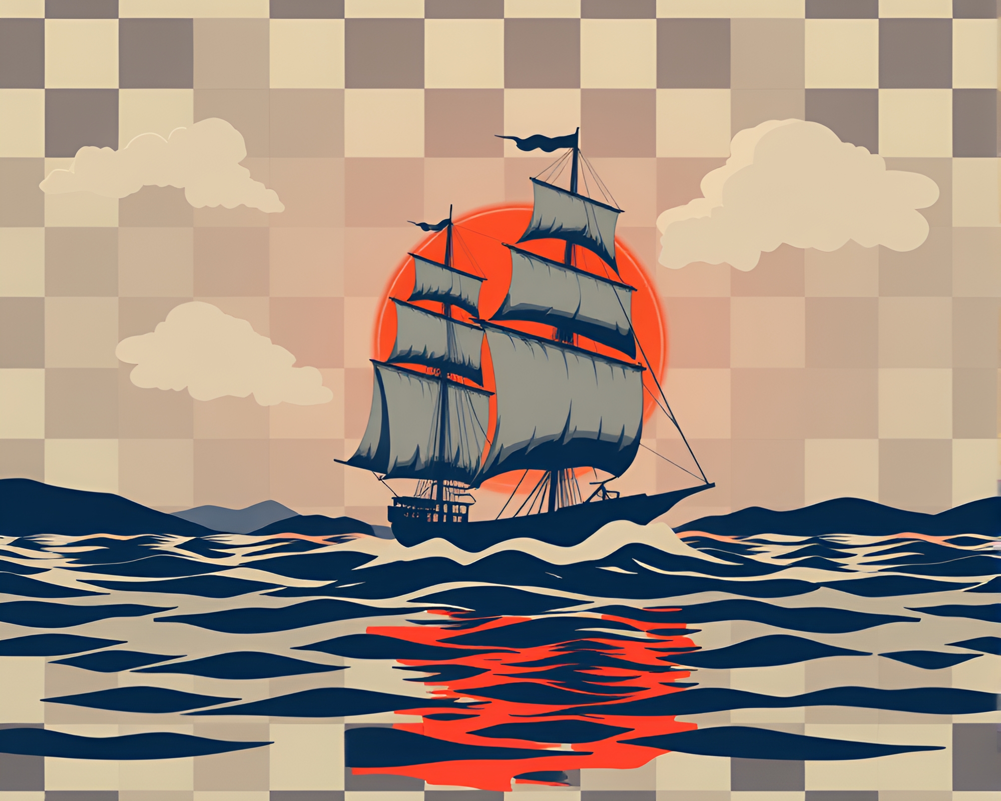 Checkered Pattern Sailing Ship in Volcano Glow – free AI stock image