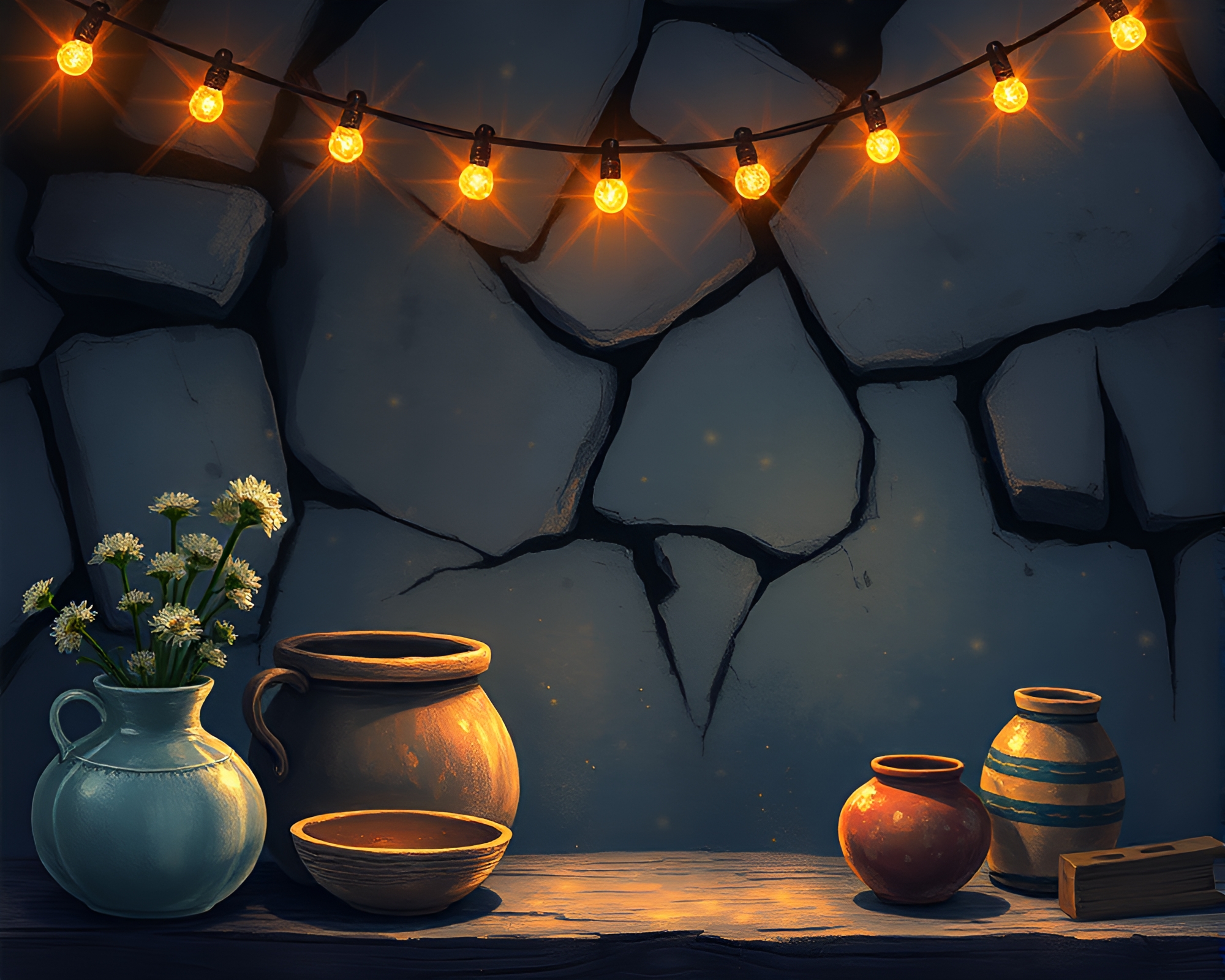 Rustic Pottery Fairytale: Sparkling Cel-Shaded Vase Close-Up – free AI stock image
