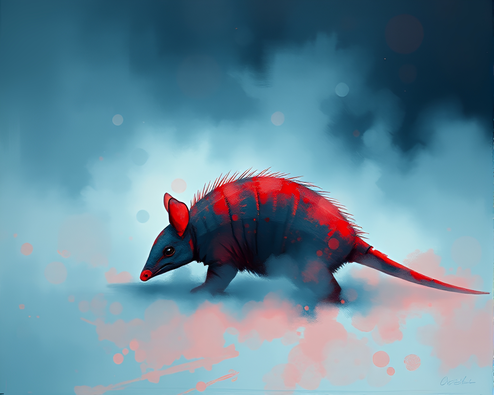 Mystical Armadillo in Red-Blue Foggy Impressionist Landscape – free AI stock image
