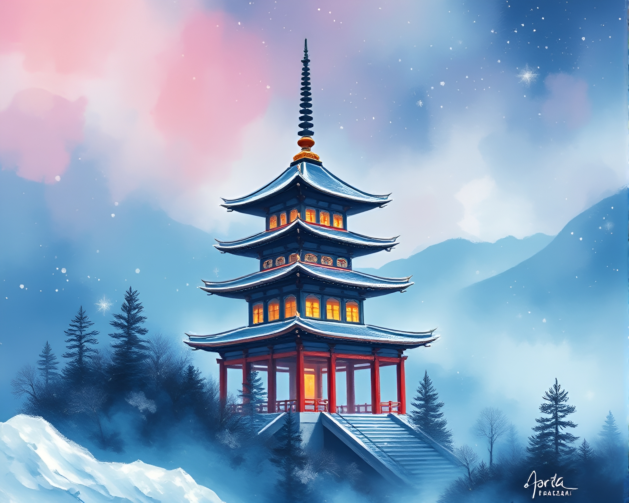 Gouache Painting of Icy Pagoda Bathed in Dreamy Haze – free AI stock image
