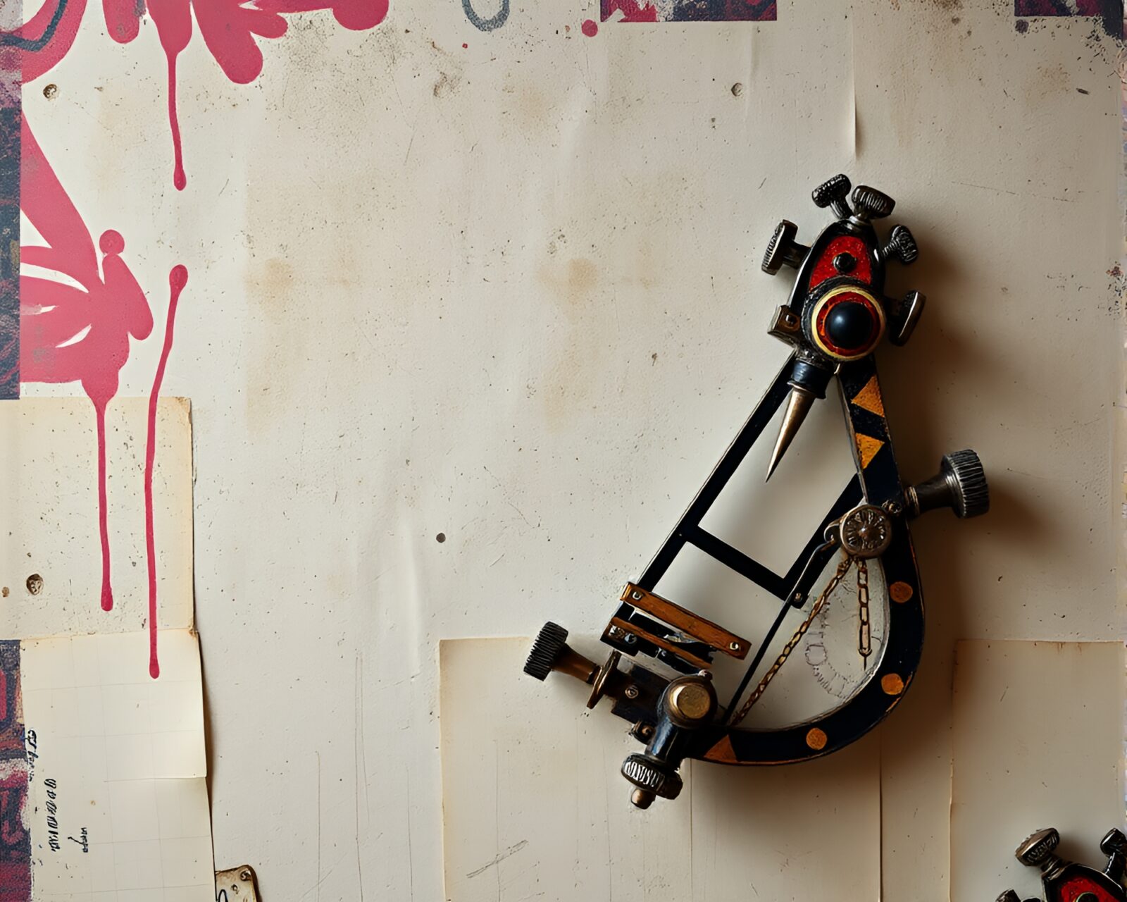 Graffiti-themed antique sextant in vivid colors against black background