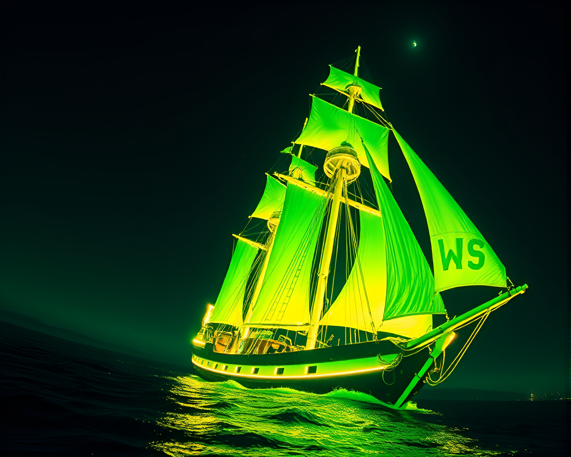 Bioluminescent Classic Sailing Ship under Thermal Imaging – free AI stock image