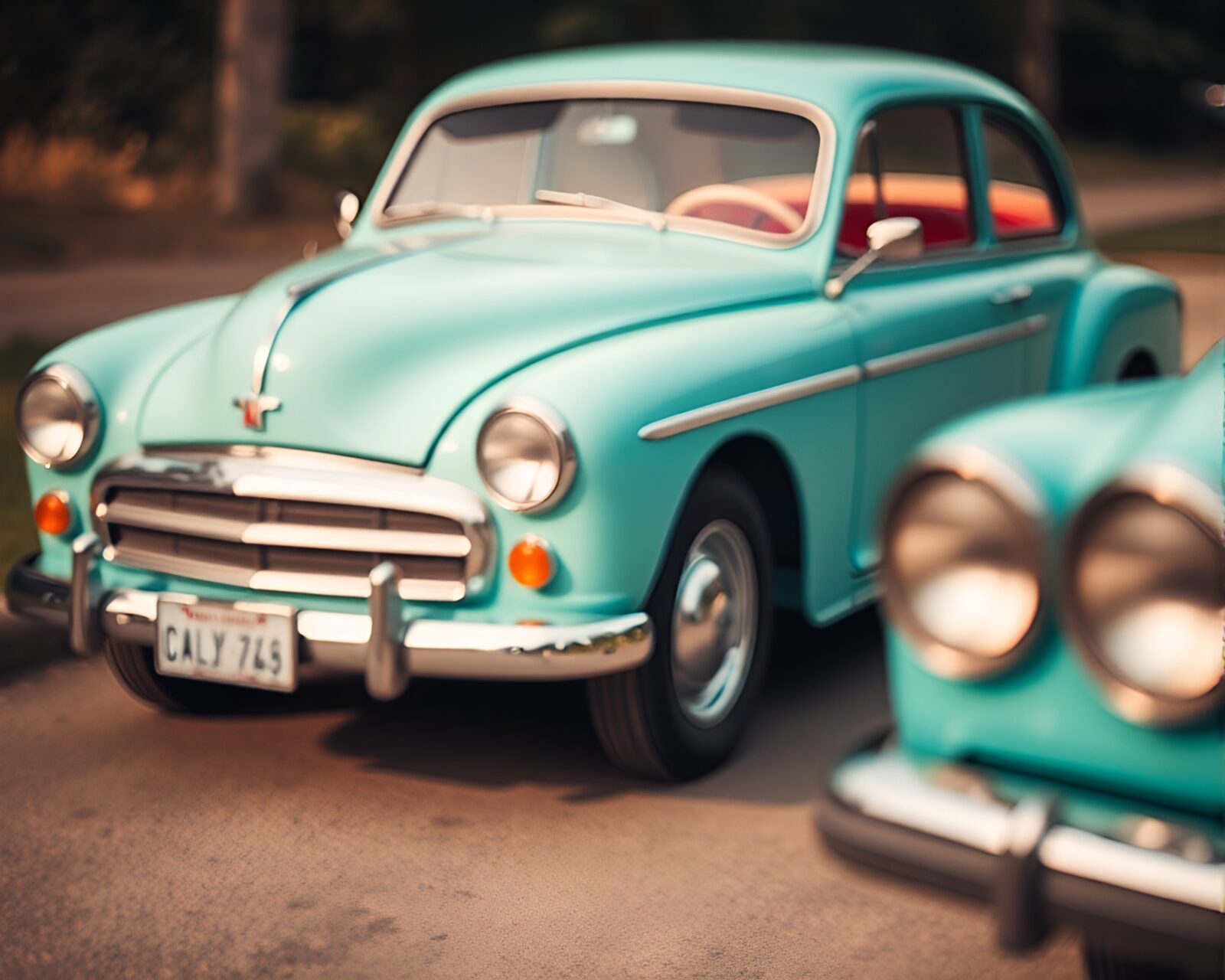Selective focus on vintage turquoise car in calming light