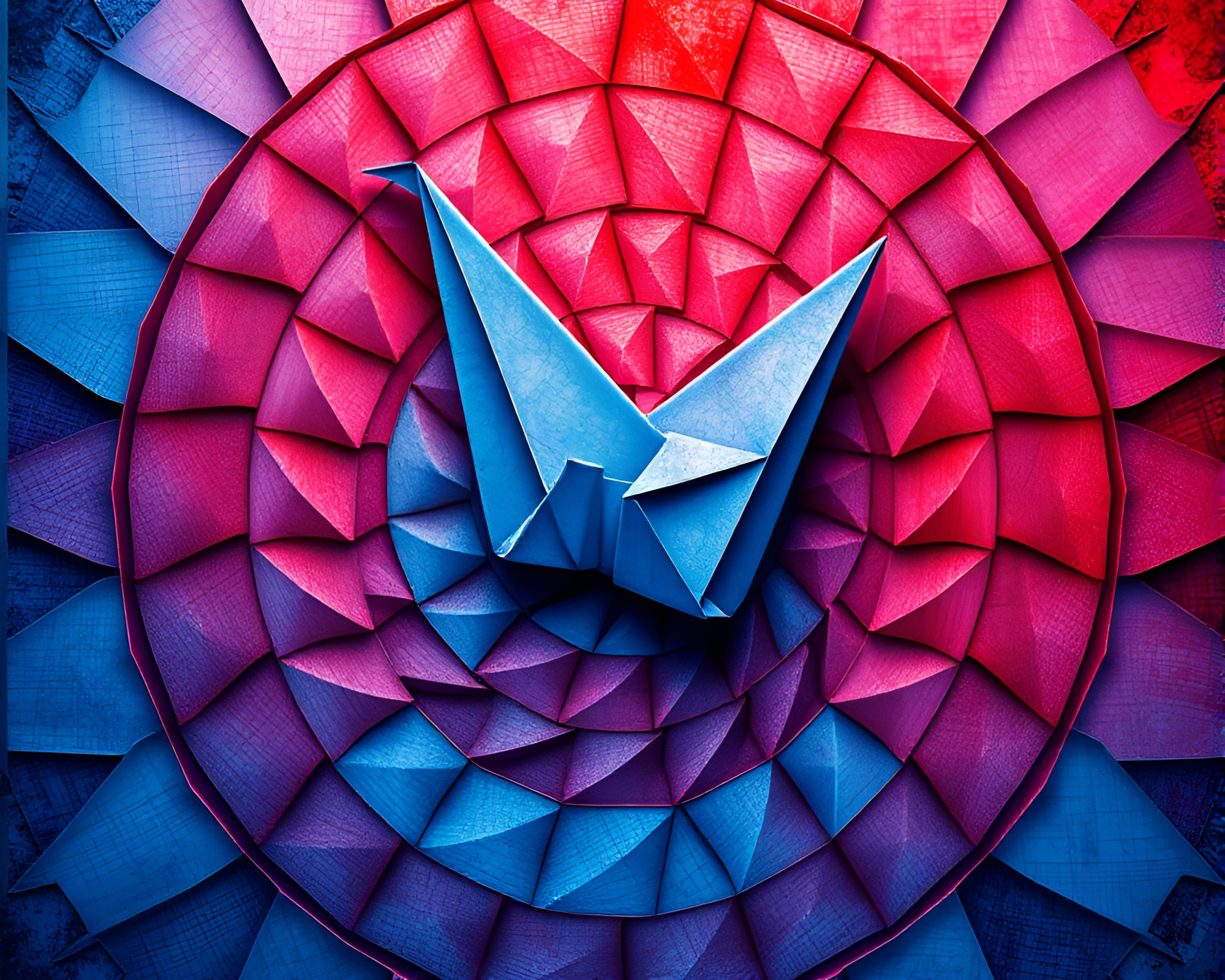 Fibonacci Origami Crane Mosaic in Duotone Red-Blue – free AI stock image
