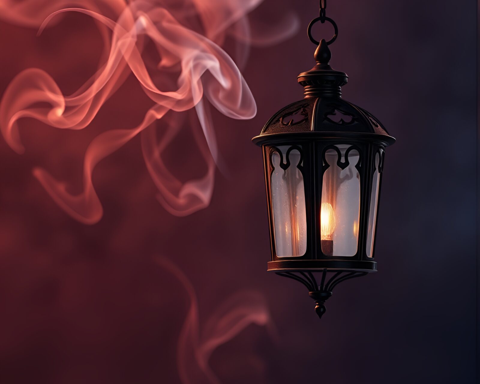 Intricate Murano glass lantern glowing in smoky light swirl