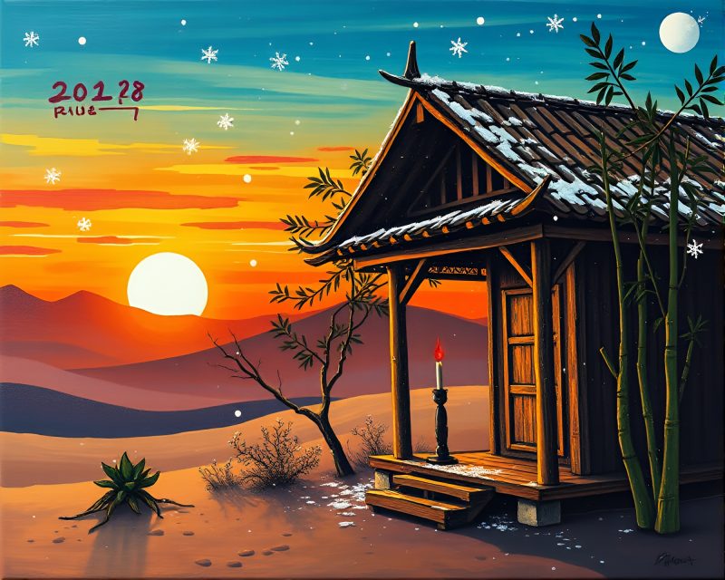 Bamboo Hut Graffiti at Desert Sunset with Snowflakes – free AI stock image