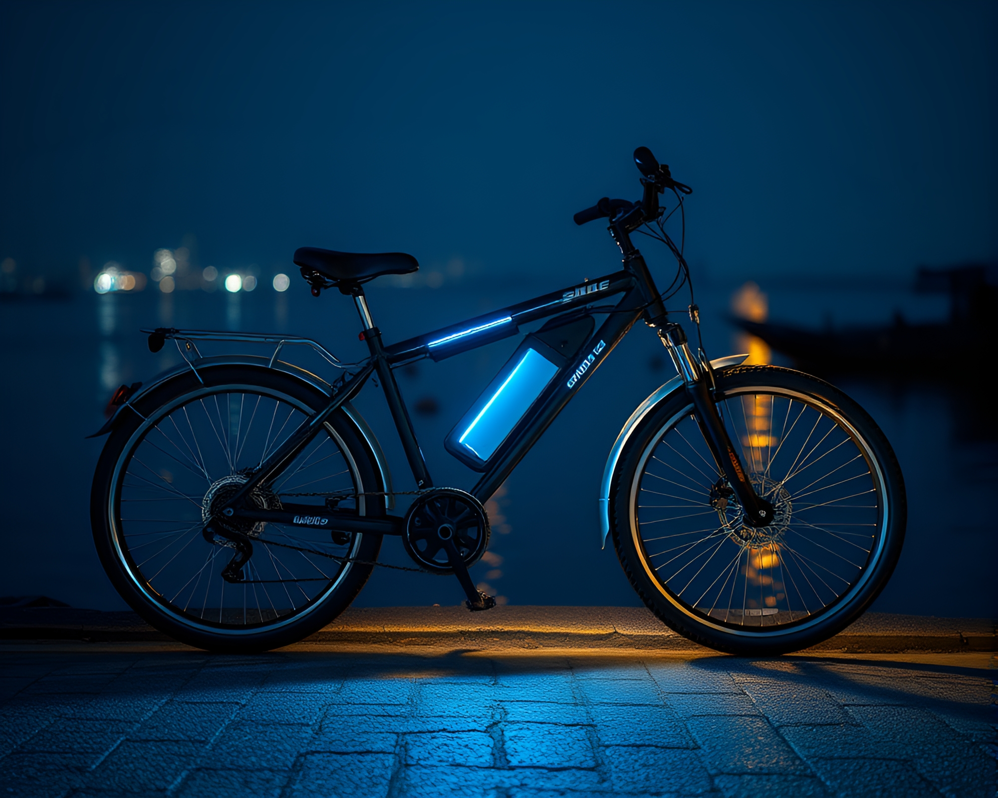 Solar-powered Bike Reflecting in Ocean-Blue Waters – free AI stock image