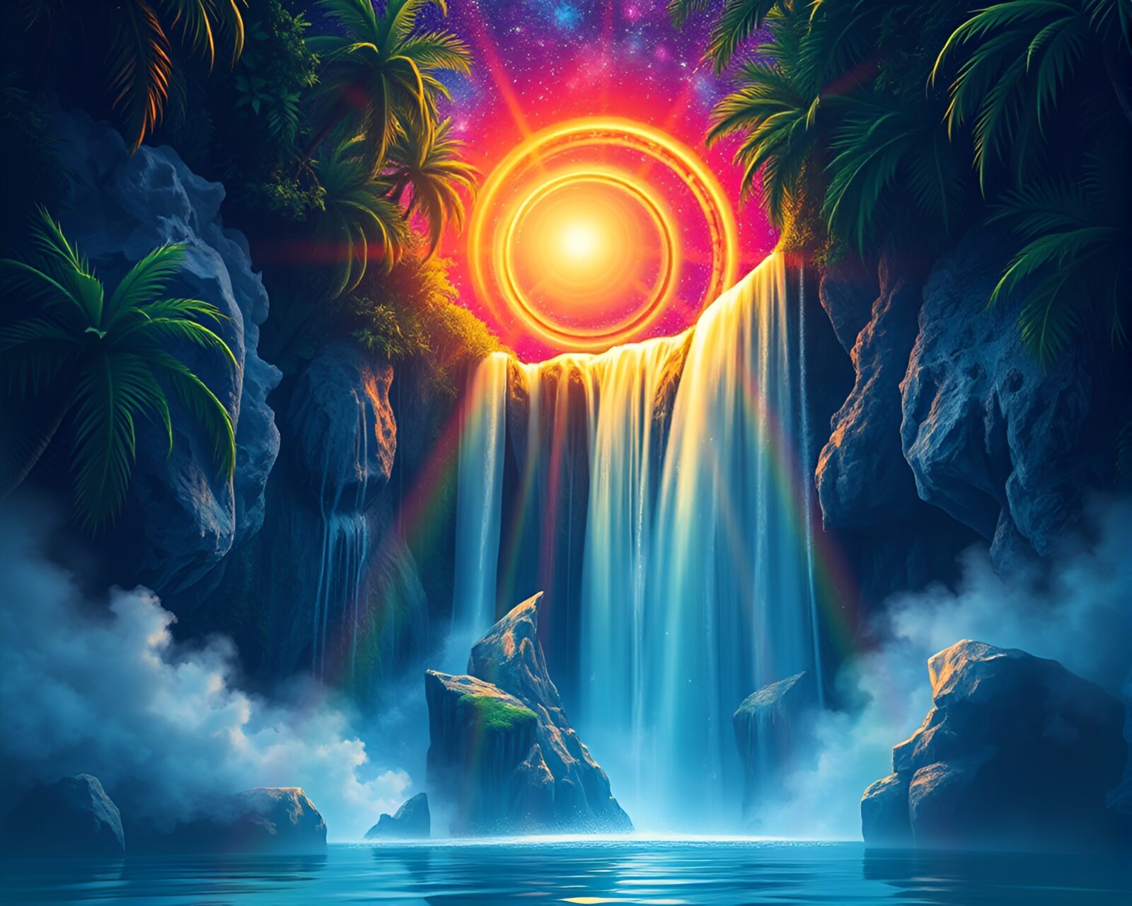 Golden spiral framed fashion illustration of tropical waterfall under cosmic rainbow