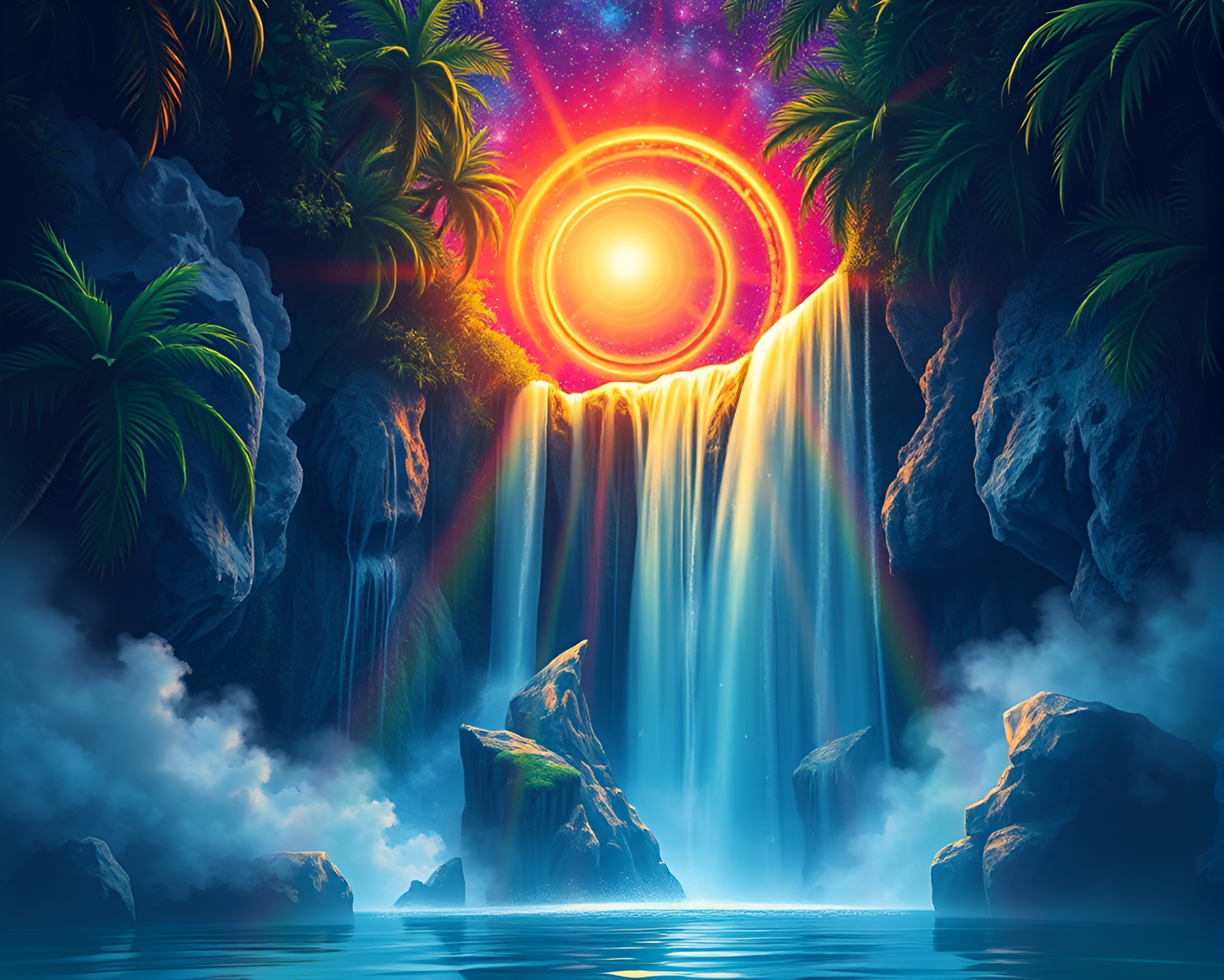 Tropical Waterfall Bathed in Cosmic Rainbow Light – free AI stock image