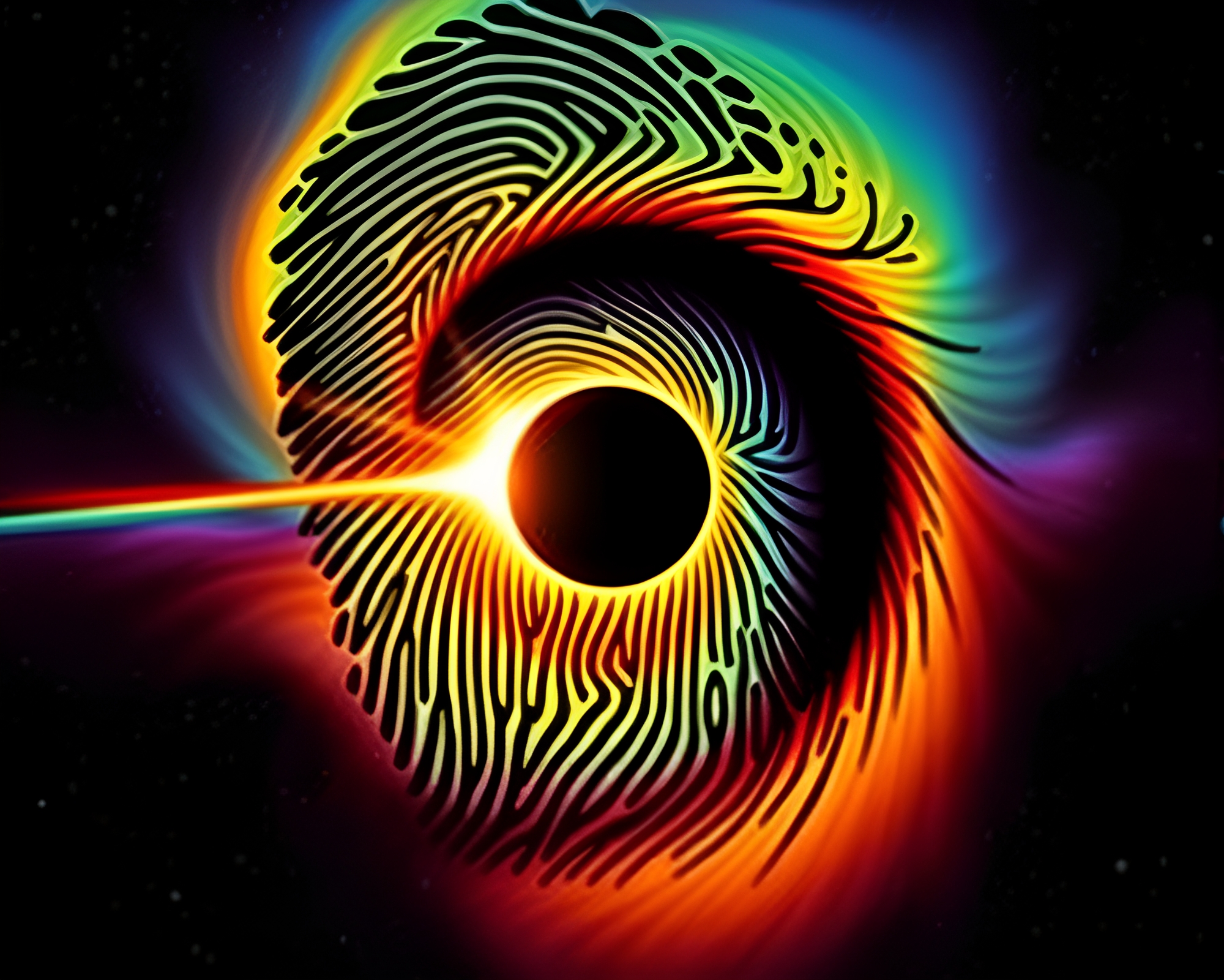 Op Art Eclipse: Cosmic Rainbow Fingerprint Swirl – free AI stock image