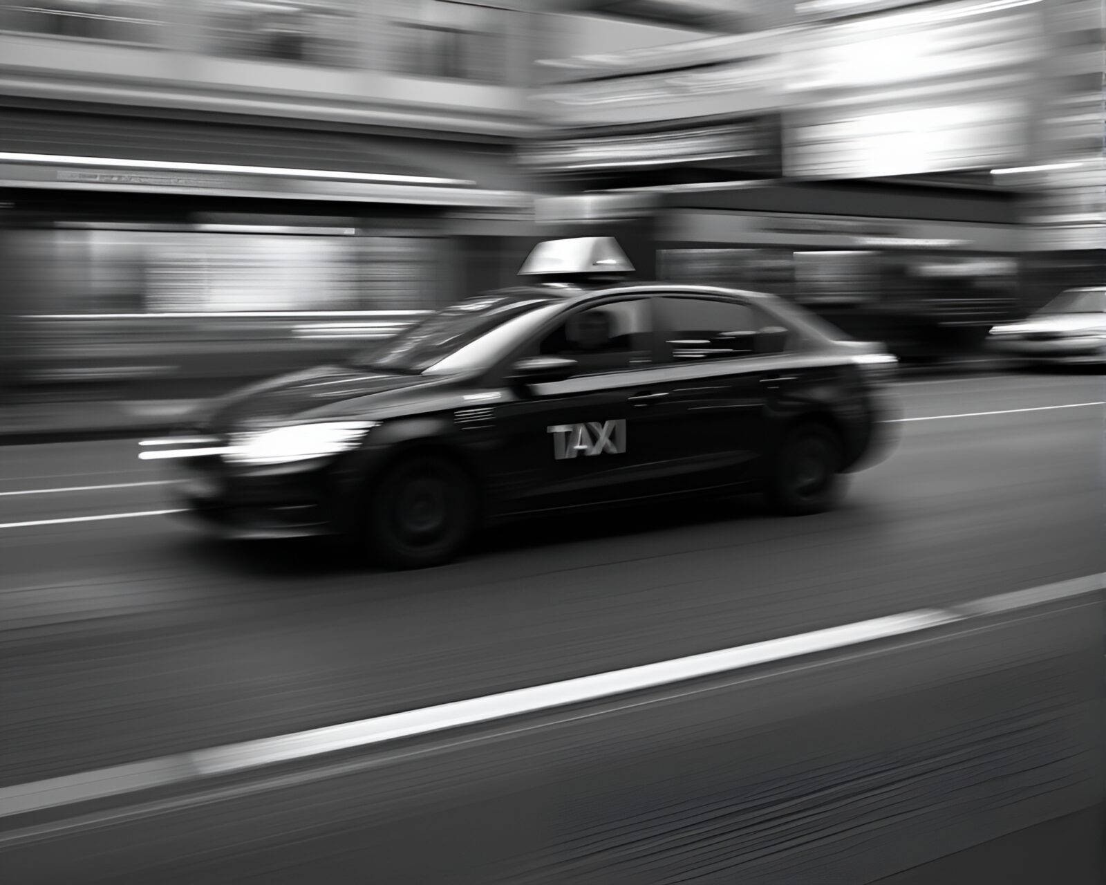 Futuristic satellite-themed taxi zooming in cityscape blur streak