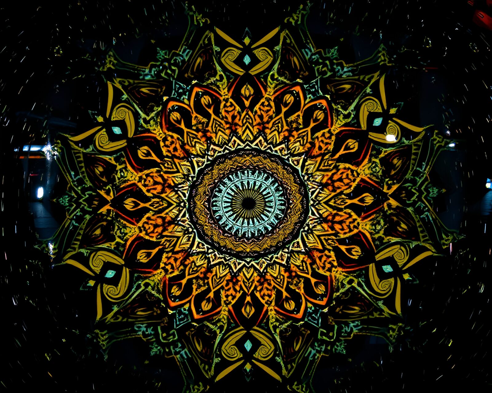 Abstract mandala design blending with rainy op art reflections