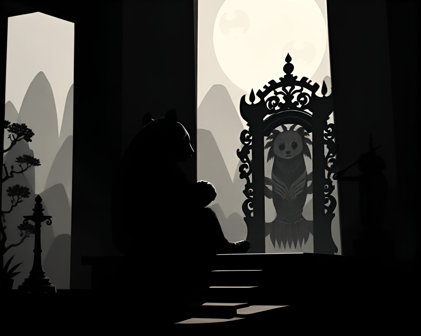 Majestic panda silhouette on throne in ethereal glow