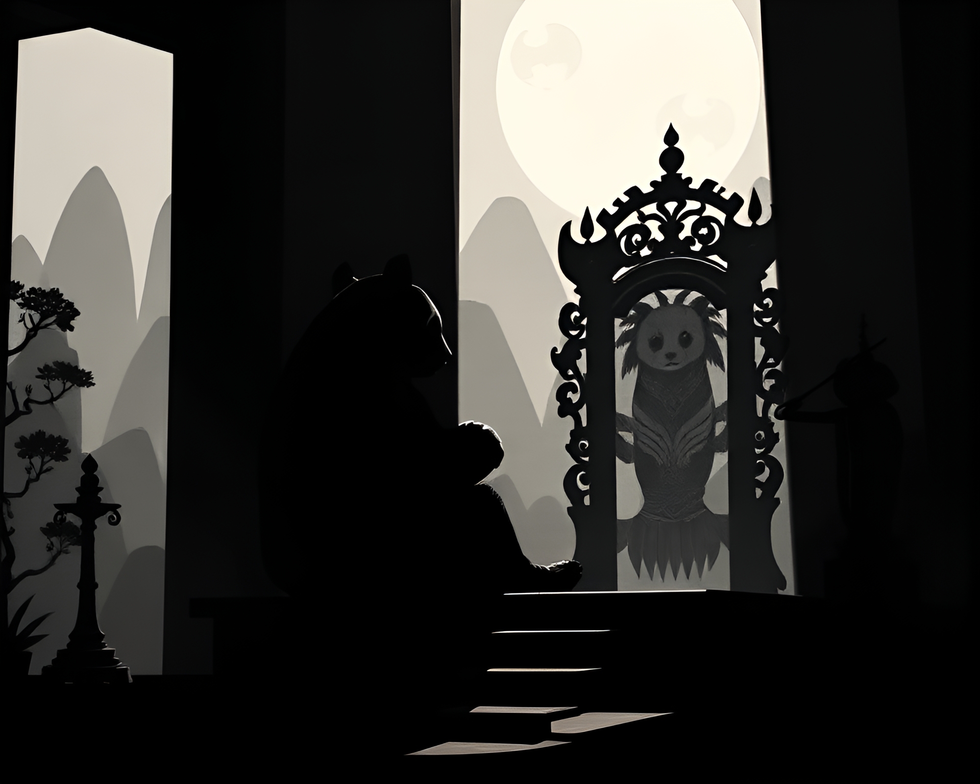 Panda Monarch in Glowing Throne Room Silhouette – free AI stock image