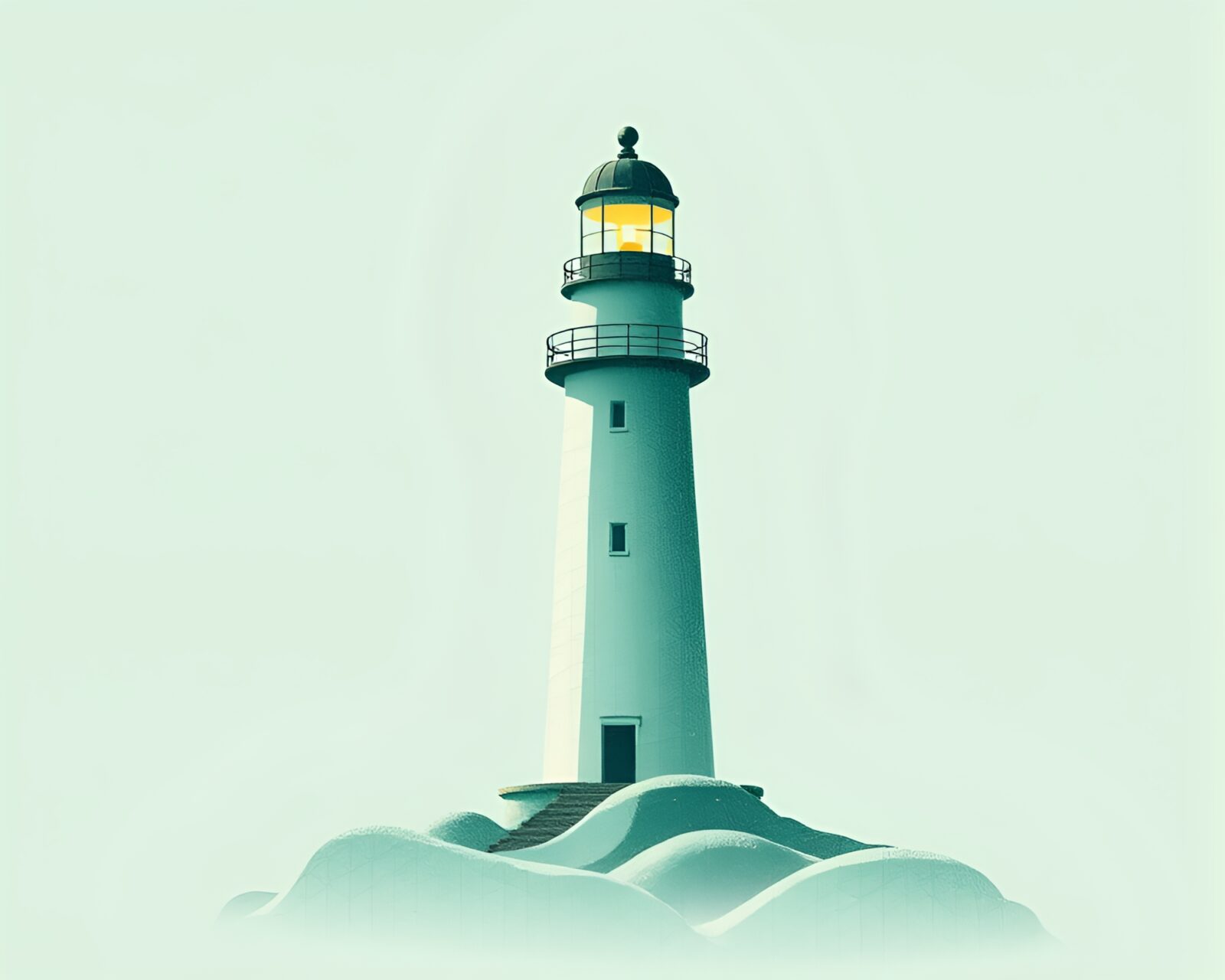 Artistic illustration of a mint green lighthouse in a grainy style