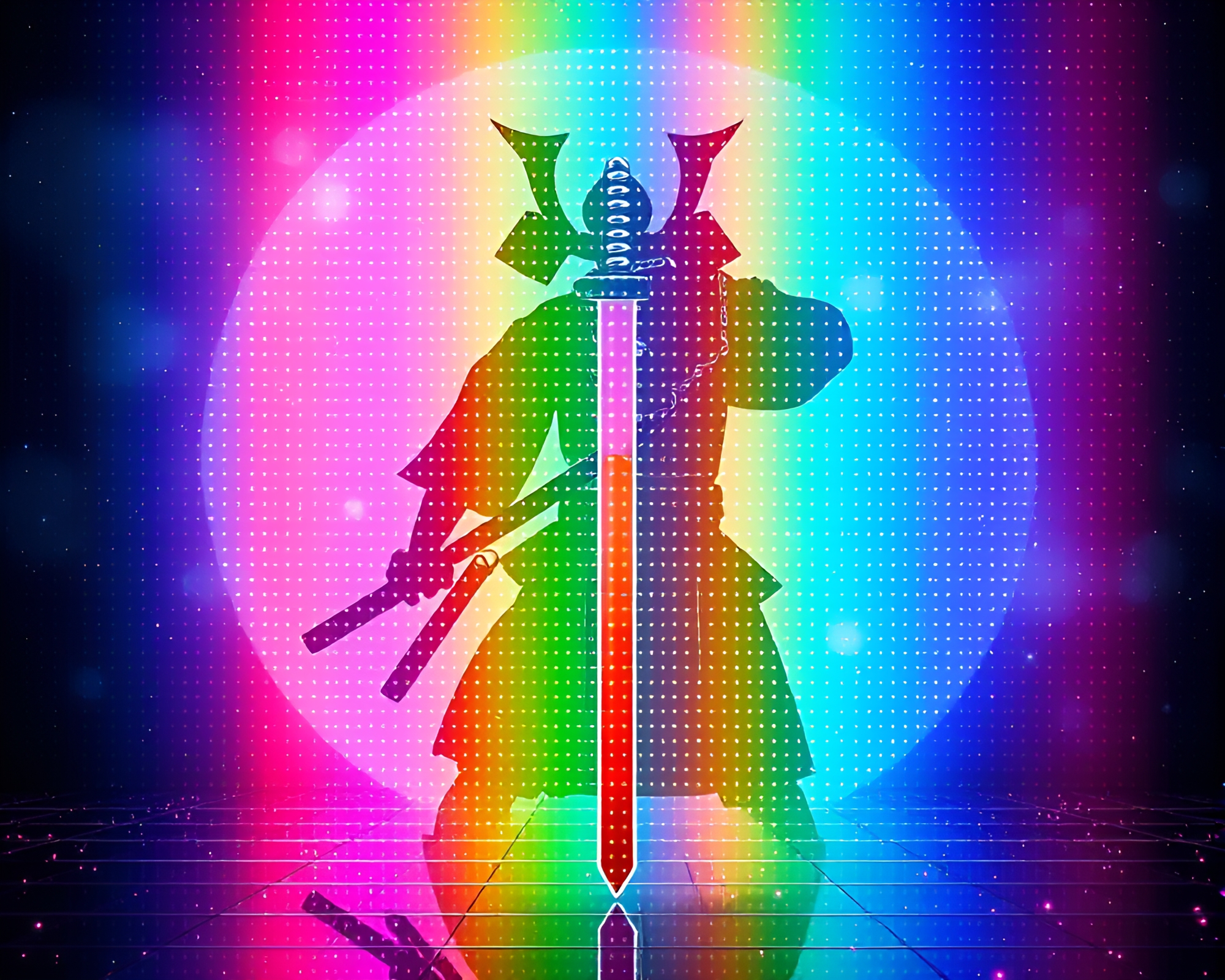 Samurai Sword LED Pixel Grid Cosmic Rainbow – free AI stock image