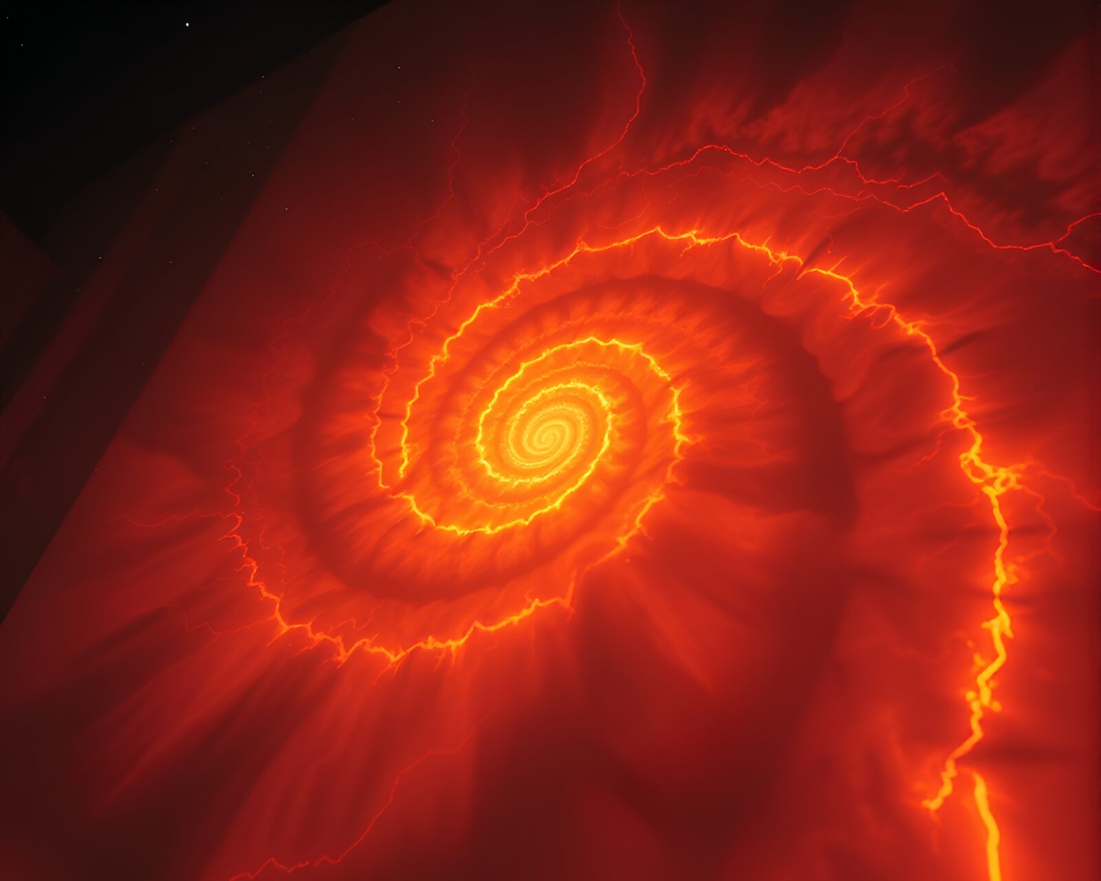 Desaturated, eerie cosmic horror scene lit with fluorescent spiral glow