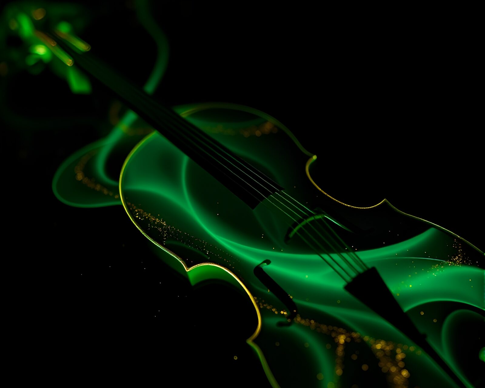 Elegant cello glowing in the dark with gold foil details