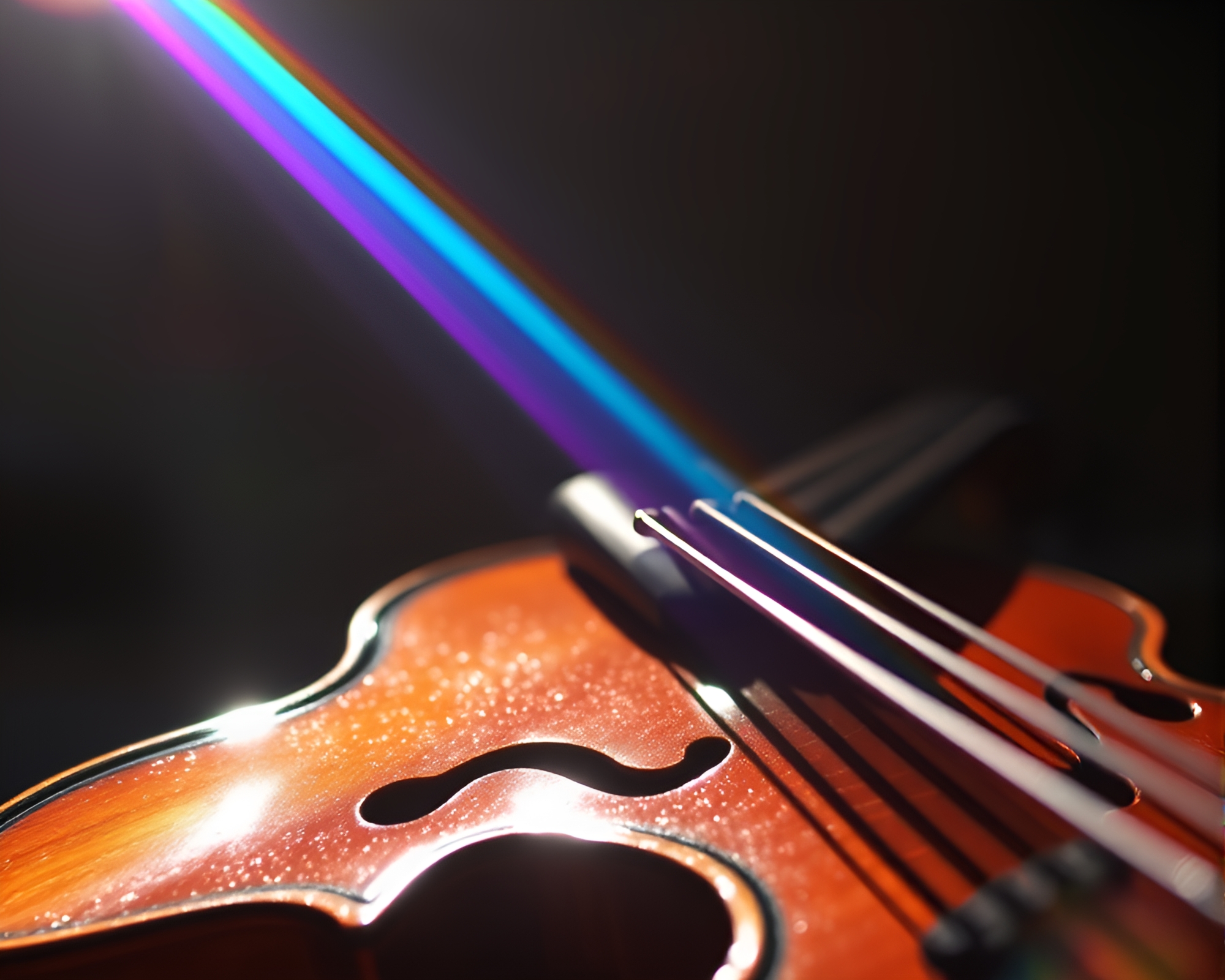 Vibrant Rainbow Refraction on Wooden Violin with Lens Flare – free AI stock image