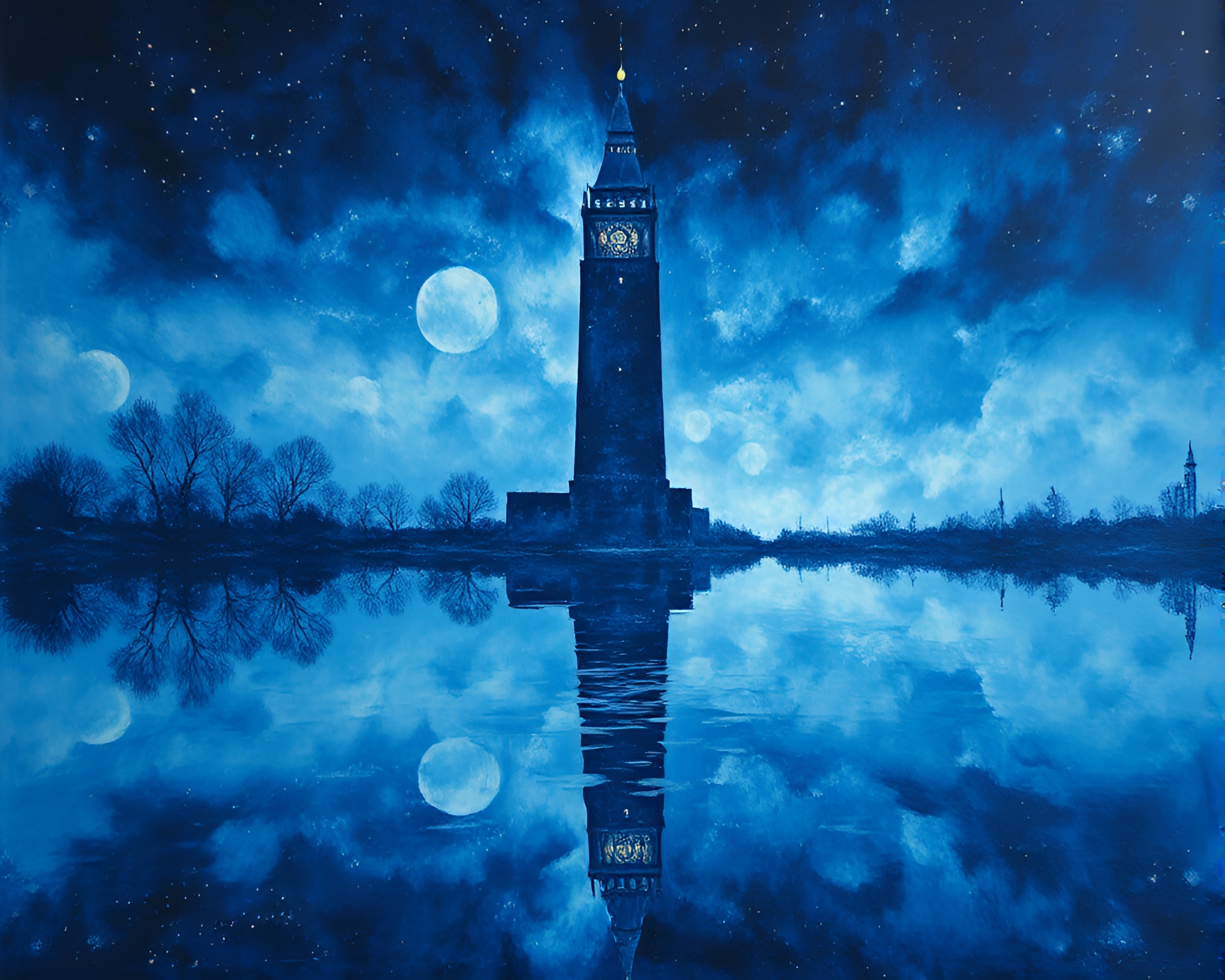Tower of Indigo Reflections in Fresco Painting Style – free AI stock image