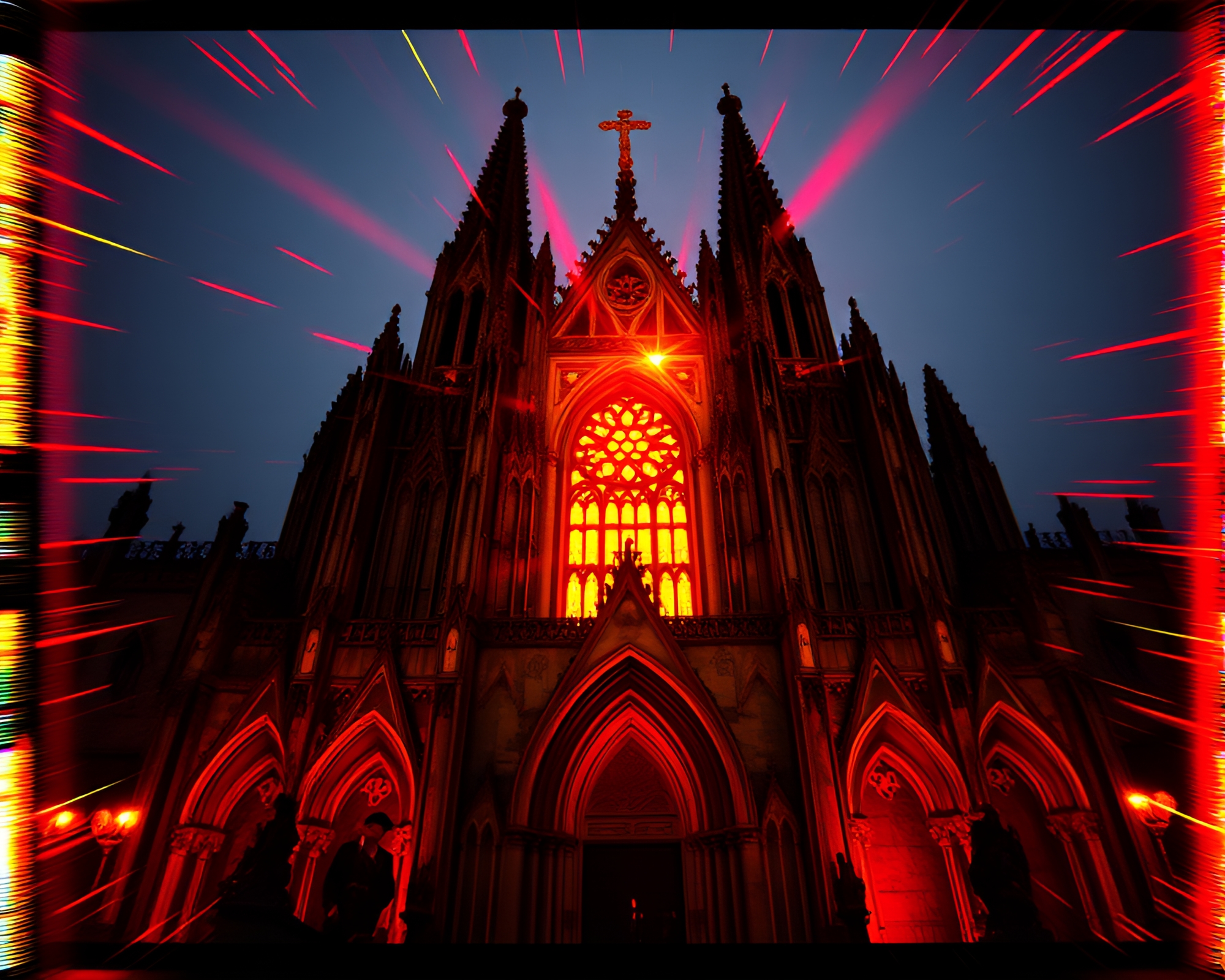 Gothic Cathedral Glitch: Backscatter Flare Film Strip Art – free AI stock image