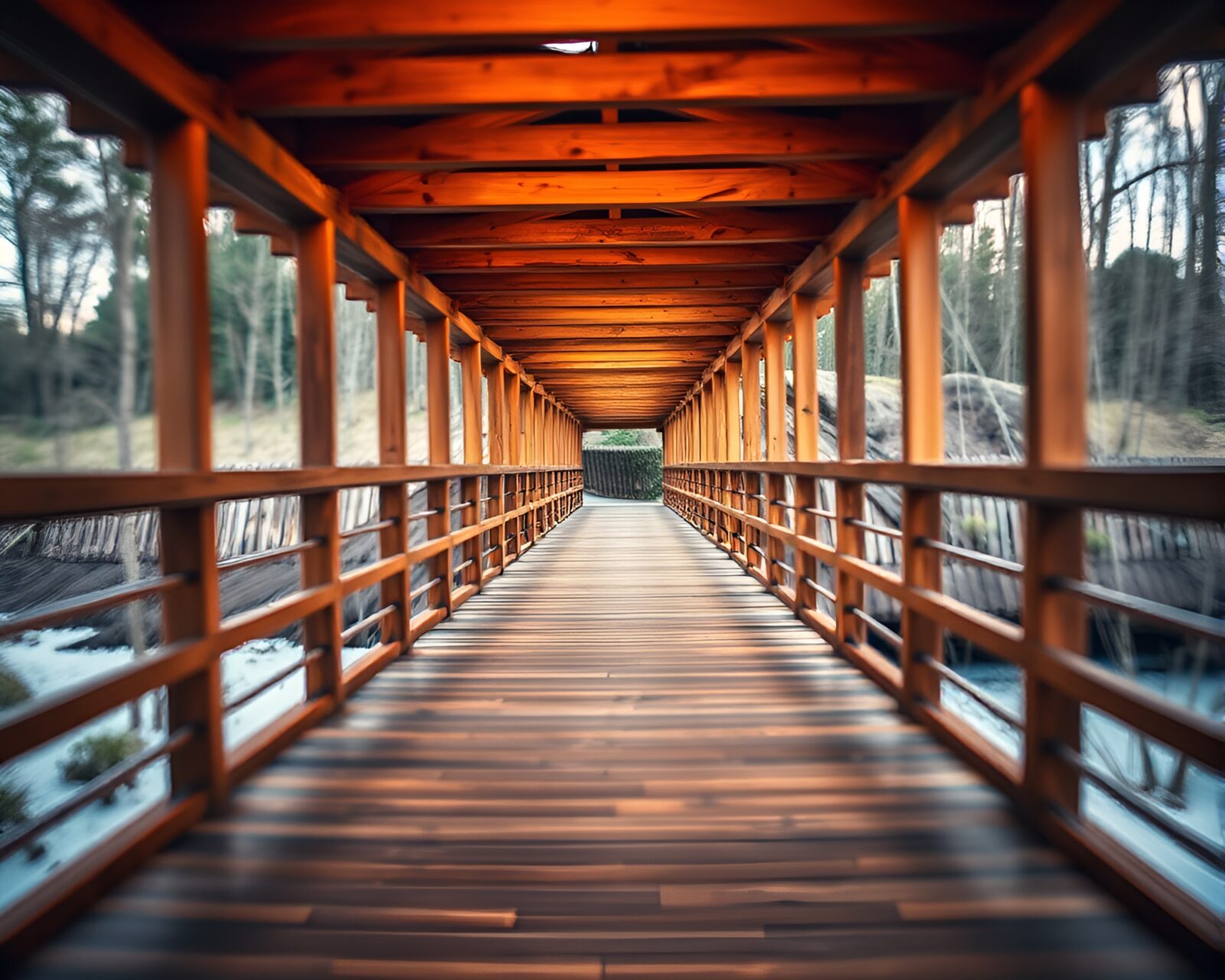 A beautifully crafted wooden bridge in miniature scale.