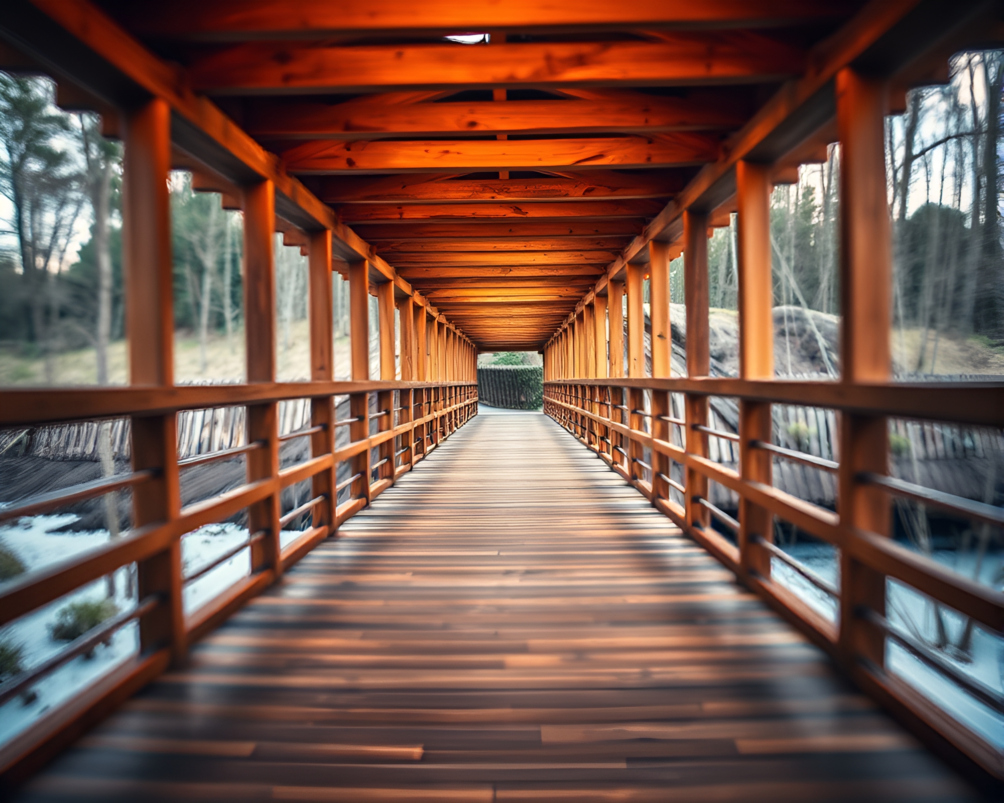 Enchanting Wooden Bridge in Tilt-Shift Photography – free AI stock image