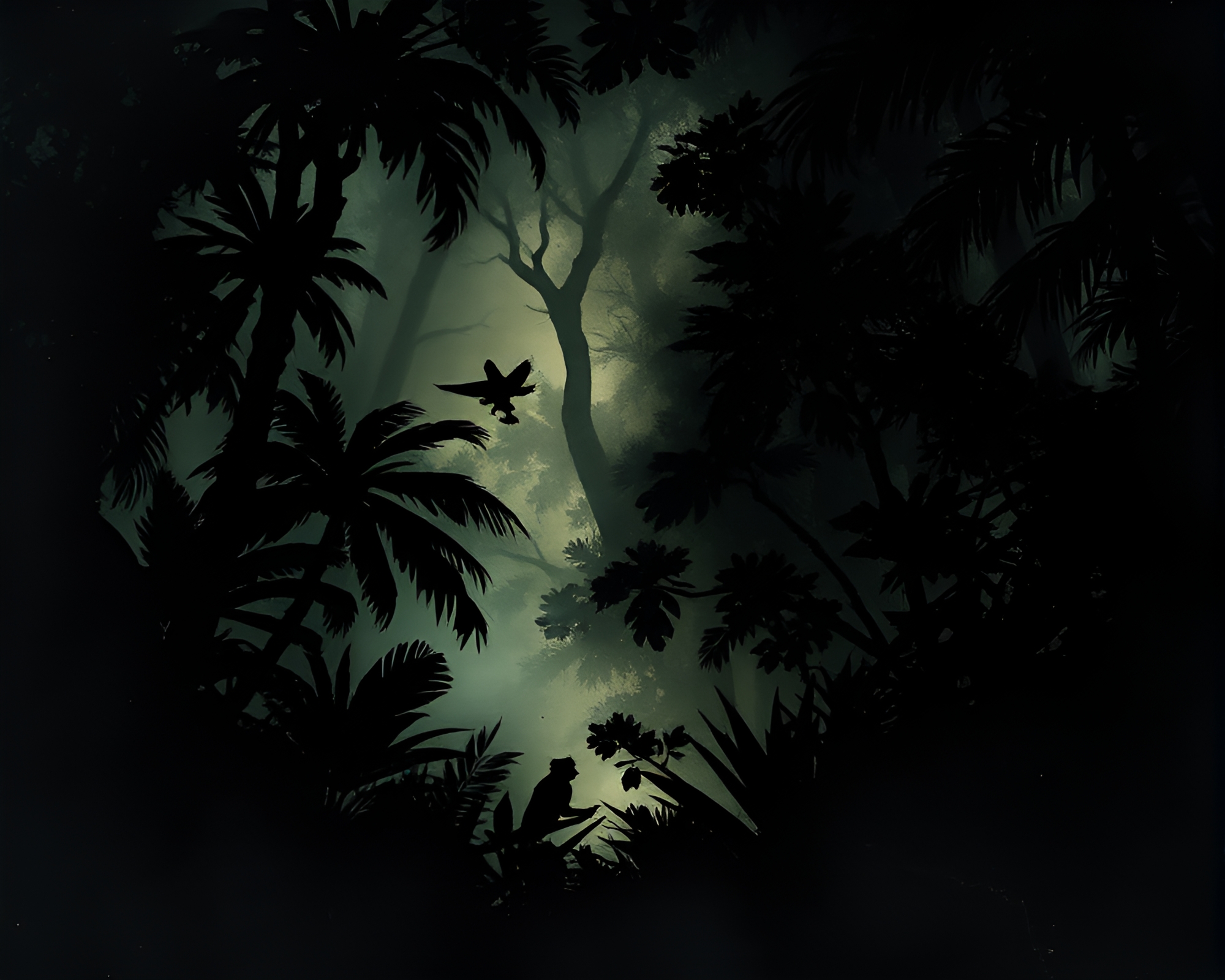 Ink Wash Jungle Silhouette with Torchlight Glow – free AI stock image