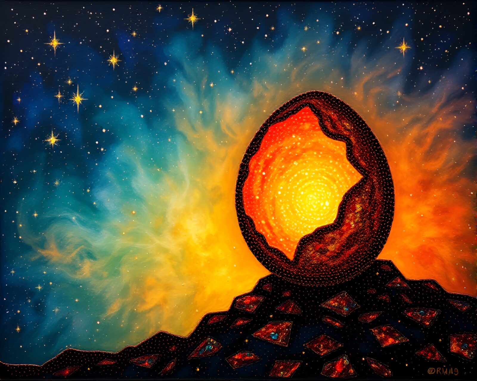 Fantastical dragon egg glowing under starlit sky with pixelated light