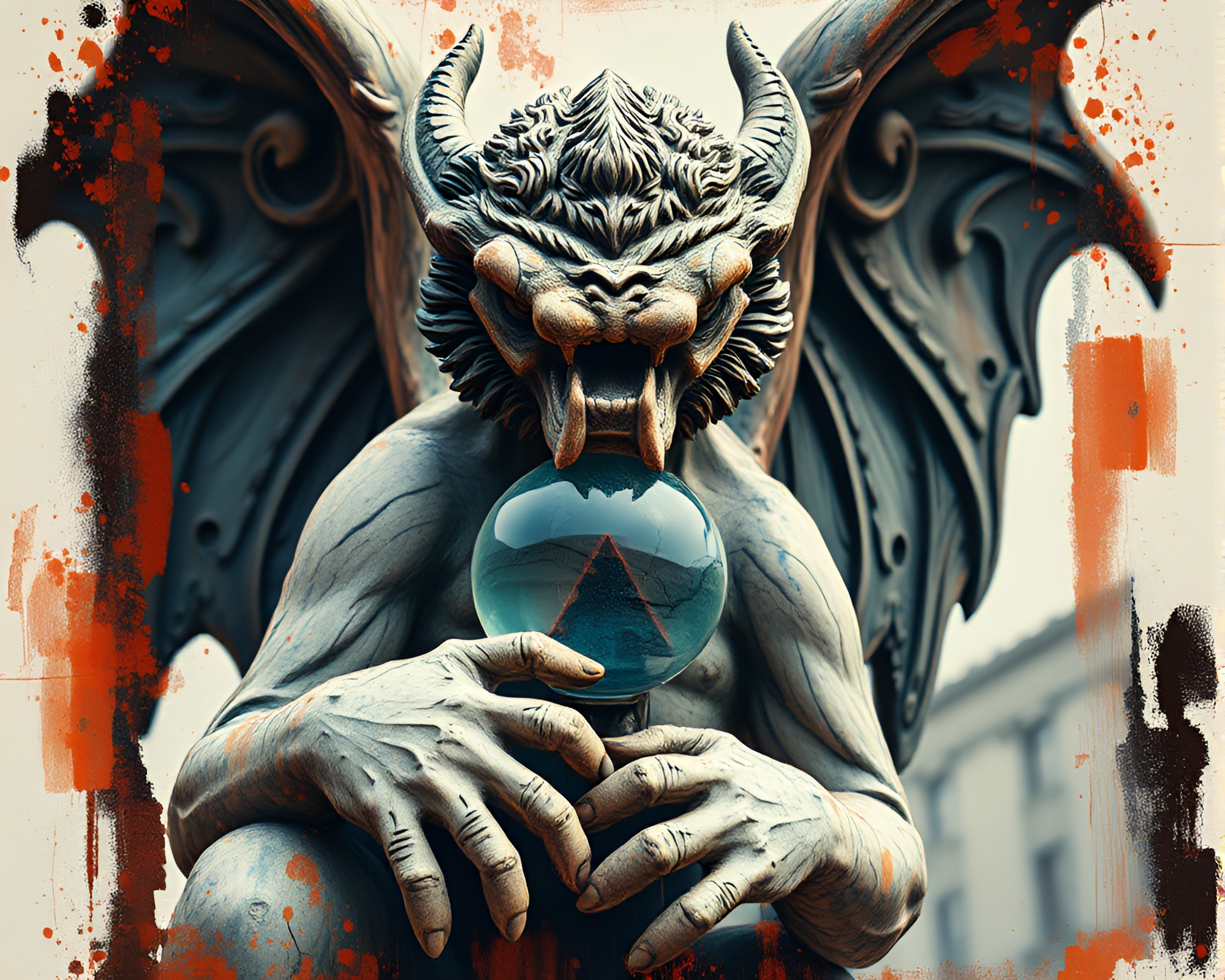 Gargoyle Reflection with Lens Vignette in Expressionist Style – free AI stock image