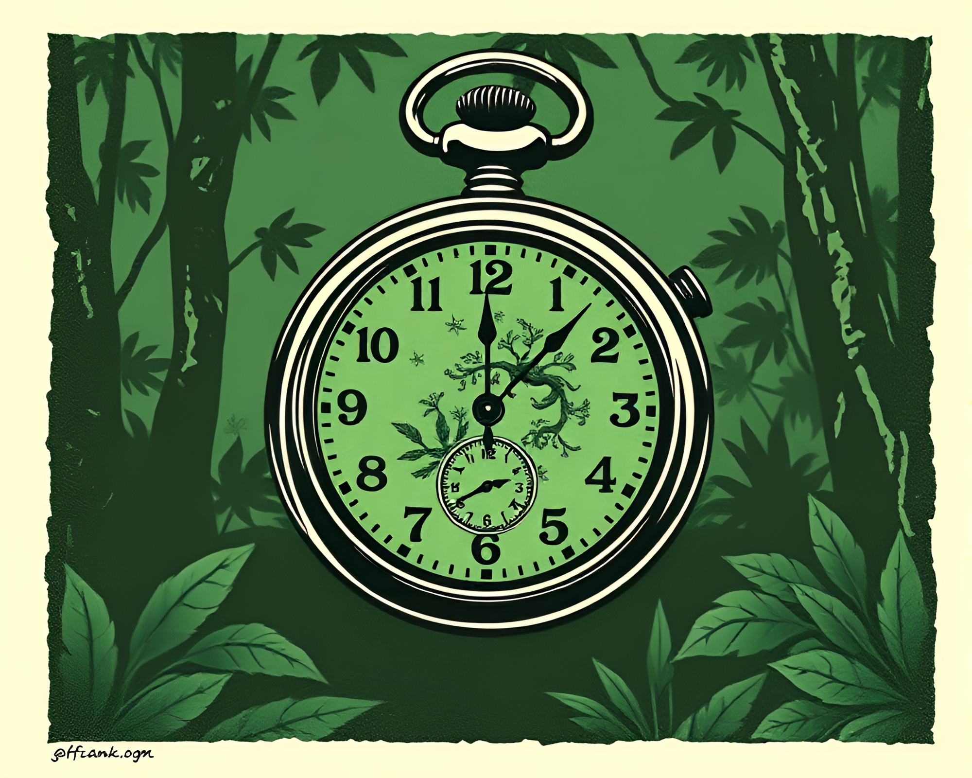 Rainforest Green Pocket Watch Woodcut Print – free AI stock image