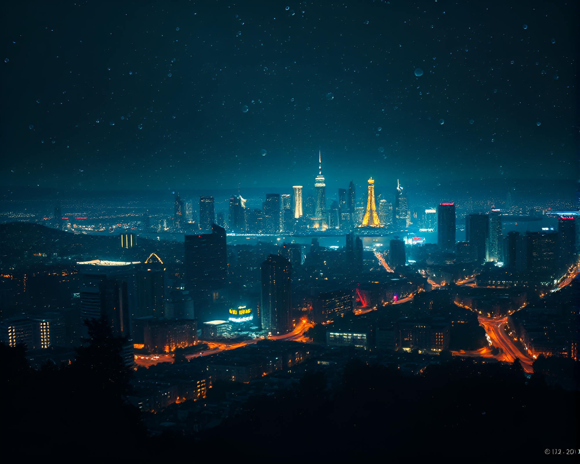 Dew Drop Dimensional Rift City Lights Calligraphy – free AI stock image