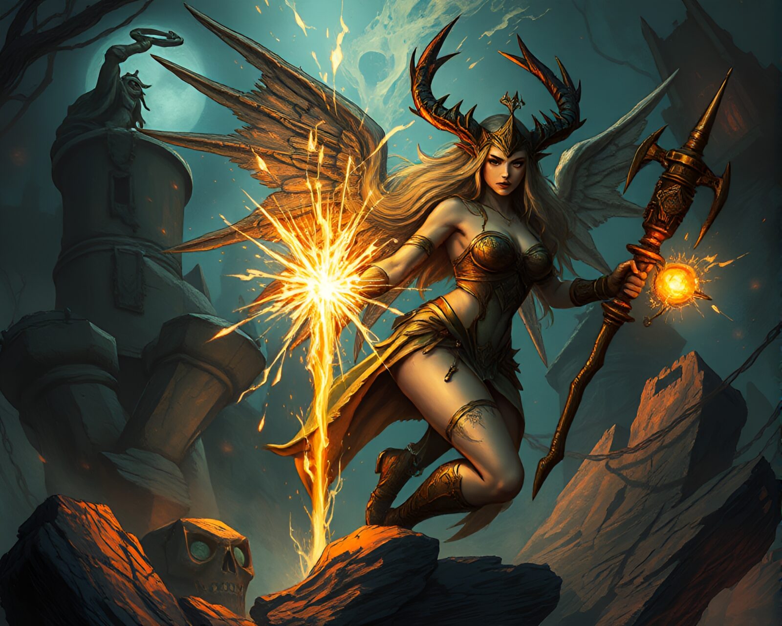 Fantastical steampunk nymph in dimly lit dungeon with zoom effect