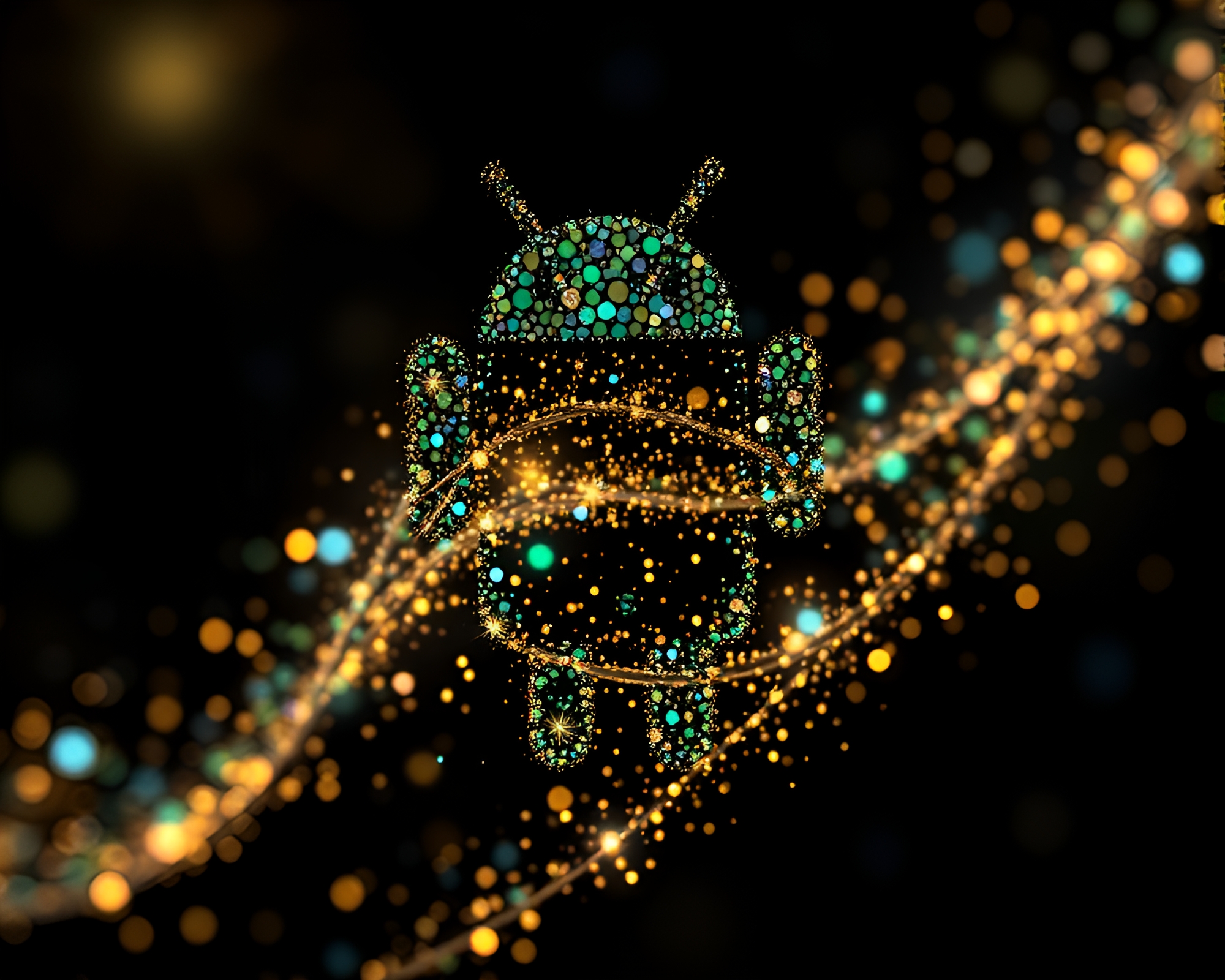 Fragmented Android Mosaic with Fairy Light Calligraphy Sparkle – free AI stock image