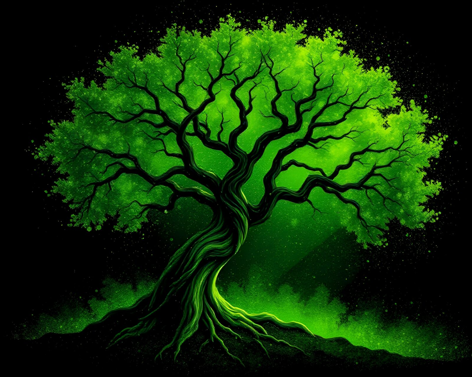 Mystical tree surrounded by green hues and acrylic paint splatters