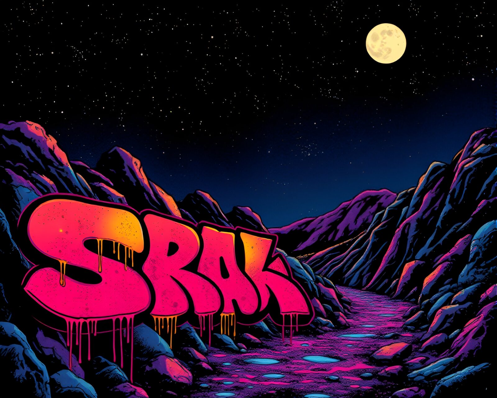 A stunning blend of graffiti drips and ASCII space habitat art under moonlight