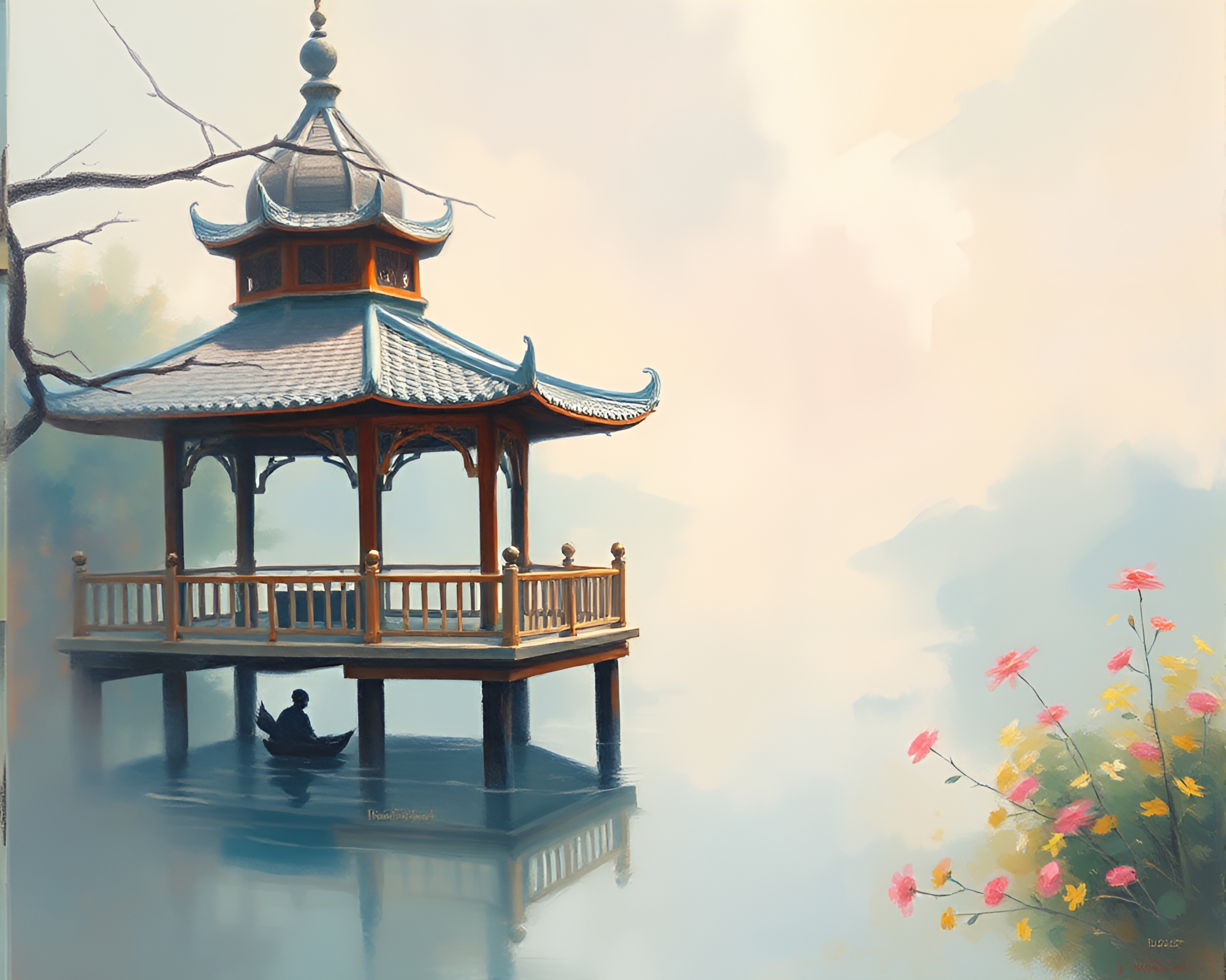 Floating Pavilion in Soft Pastels with Action Painting – free AI stock image