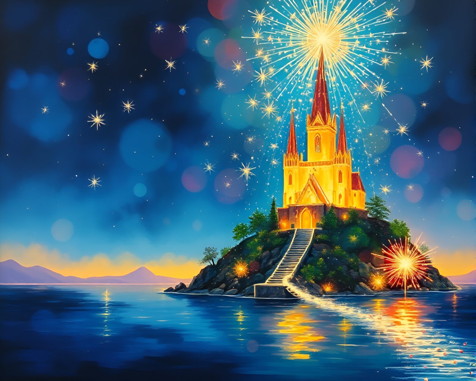 Gouache painting of a cathedral-like floating island with sparkler lights