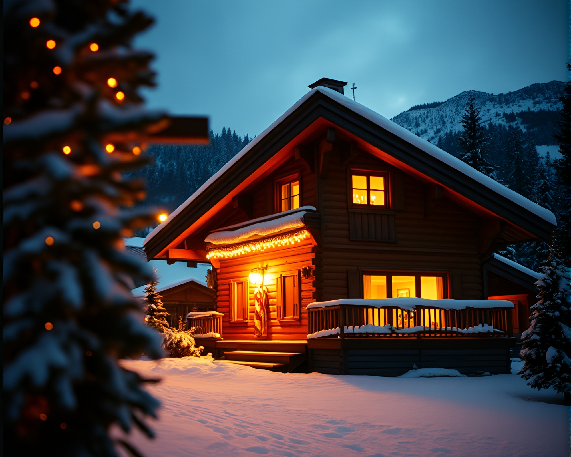 Gilded Alpine Chalet in Chiaroscuro Film Grain – free AI stock image