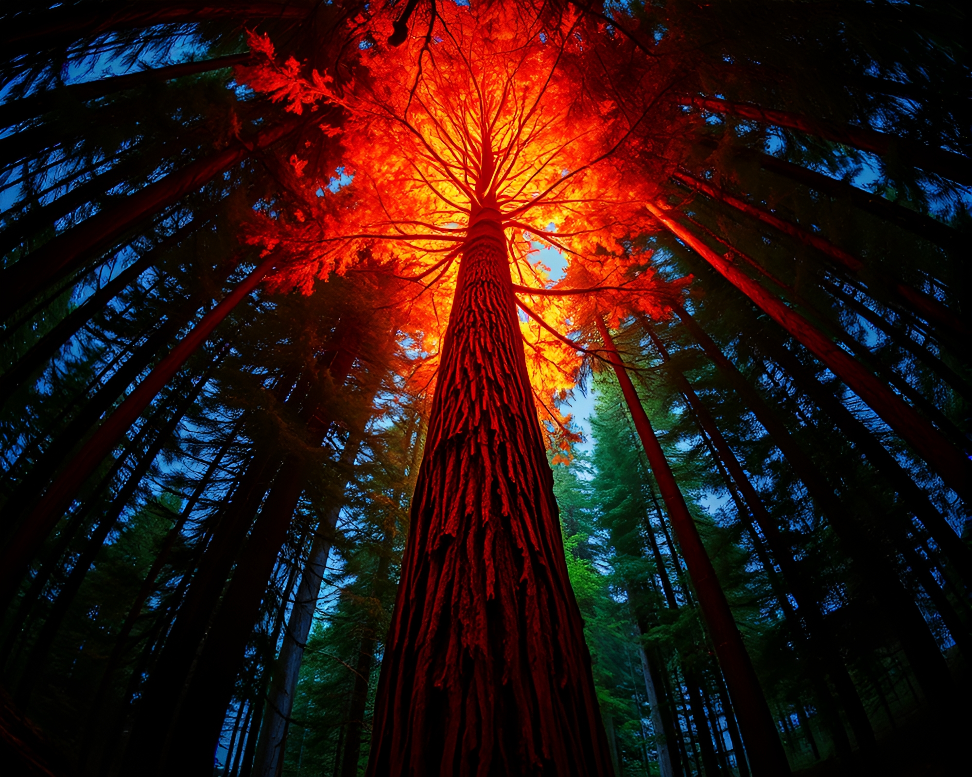 Dadaist Redwood Tree Collage with Fisheye Effect – free AI stock image